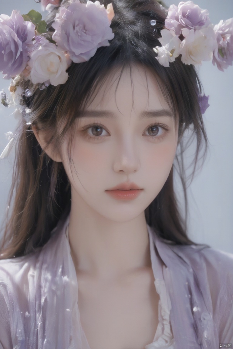This is a clear photographic work, women, Moyou, official art of film photography, super detail, aesthetics, masterpiece, best quality, realism, entanglement, purple roses, entanglement, entanglement, 1 girl, Chinese women, glowing eyes, tears, golden eye shadow, ecstasy of flowers, dynamic angle, the most beautiful chaotic form, elegance, fauvism design, gradient color, romanticism, film, profession, high detail, vivid skin details, glass fragments, sparkling crystals, looking at the audience, makeup portraits, purple eye shadow,