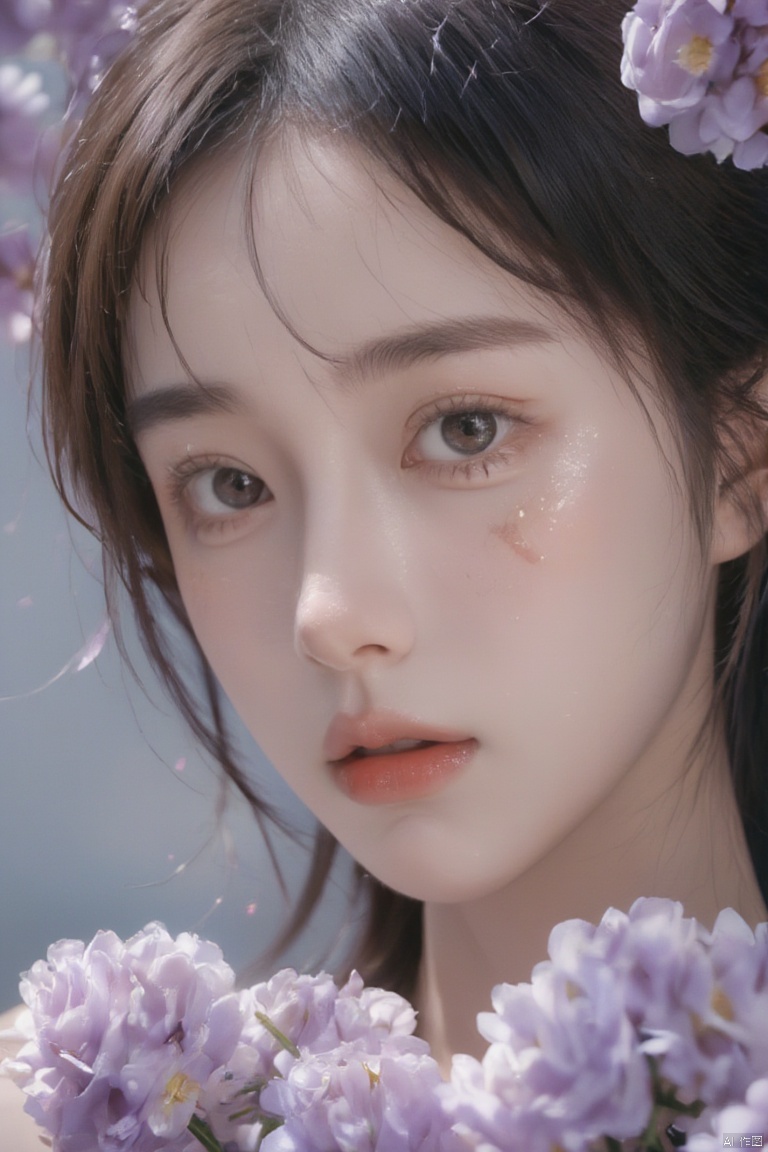 This is a clear photographic work, women, Moyou, official art of film photography, super detail, aesthetics, masterpiece, best quality, realism, entanglement, purple roses, entanglement, entanglement, 1 girl, Chinese women, glowing eyes, tears, golden eye shadow, ecstasy of flowers, dynamic angle, the most beautiful chaotic form, elegance, fauvism design, gradient color, romanticism, film, profession, high detail, vivid skin details, glass fragments, sparkling crystals, looking at the audience, makeup portraits, purple eye shadow,