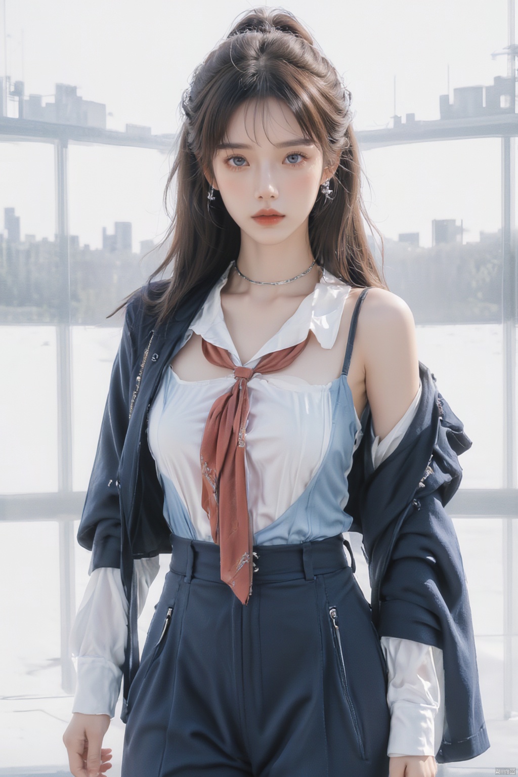 1girl, solo, urban chic, long layered brunette hair, looking at viewer with confident blue eyes, white background with abstract cityscape, contemporary setting, brunette hair with silver hair accessories, tailored blazer in deep blue, bare shoulders with a silver choker, high-waisted trousers, upper body exuding confidence, blue eyes with a sharp gaze, silver hoop earrings, open neckline with a collarbone chain, blazer with structured shoulders, sleeveless silhouette showing toned arms, pointed ears with a minimalist earring, one shoulder slightly off, white blouse with a bow tie, hair styled in a sleek ponytail, open blazer revealing a fitted dress, sketch style with urban lines, hair with beachy waves and subtle highlights, black leather jacket with silver zippers, olive skin tone with a radiant glow, red silk tie for a pop of color, geometric earrings with a modern design, dusk lighting with a cool urban vibe
