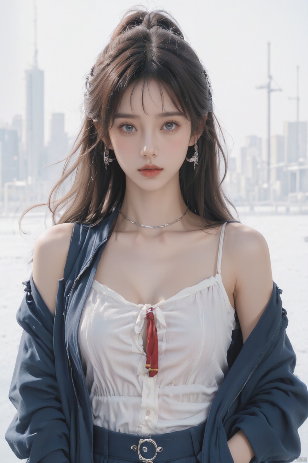 1girl, solo, urban chic, long layered brunette hair, looking at viewer with confident blue eyes, white background with abstract cityscape, contemporary setting, brunette hair with silver hair accessories, tailored blazer in deep blue, bare shoulders with a silver choker, high-waisted trousers, upper body exuding confidence, blue eyes with a sharp gaze, silver hoop earrings, open neckline with a collarbone chain, blazer with structured shoulders, sleeveless silhouette showing toned arms, pointed ears with a minimalist earring, one shoulder slightly off, white blouse with a bow tie, hair styled in a sleek ponytail, open blazer revealing a fitted dress, sketch style with urban lines, hair with beachy waves and subtle highlights, black leather jacket with silver zippers, olive skin tone with a radiant glow, red silk tie for a pop of color, geometric earrings with a modern design, dusk lighting with a cool urban vibe