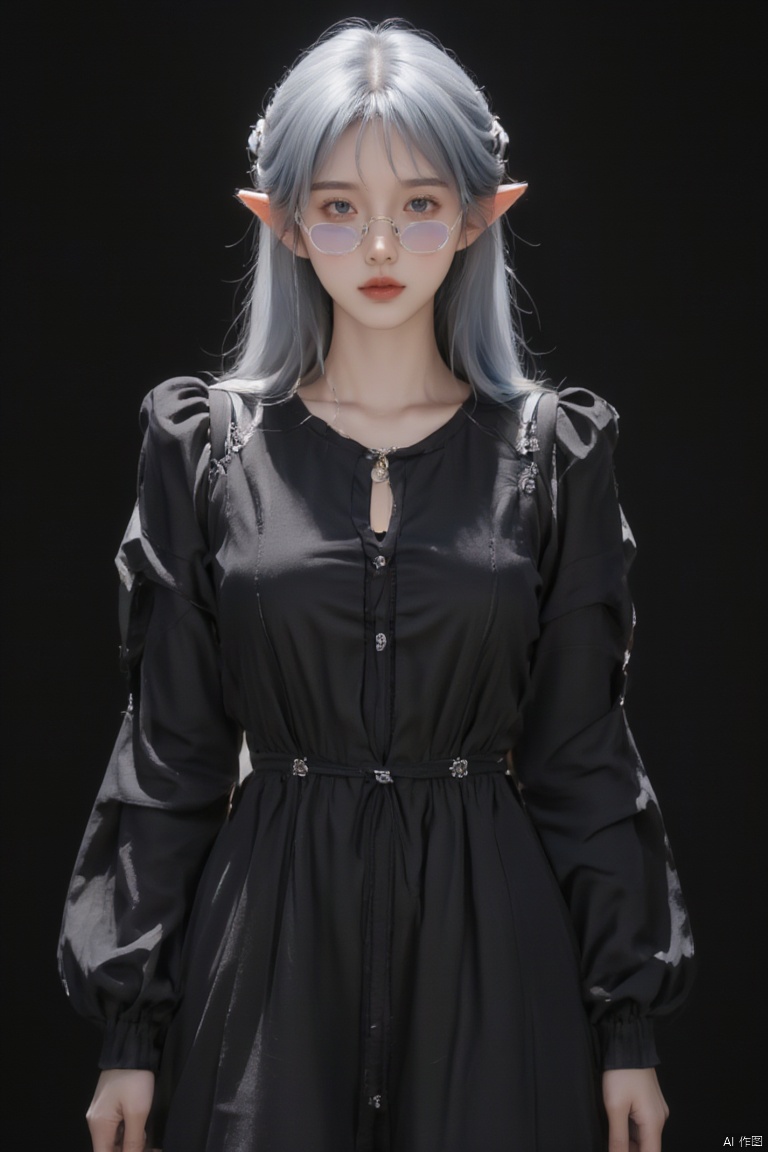  (best quality), ((masterpiece)), (highres), illustration, original, extremely detailed,1girl, solo, black dress, pointy ears, dress, black background, glasses, looking at viewer, long sleeves, puffy sleeves, elf, grey hair, jewelry, chain, round eyewear, simple background, grey eyes, lips, closed mouth, braid, nose, realistic, fingernails