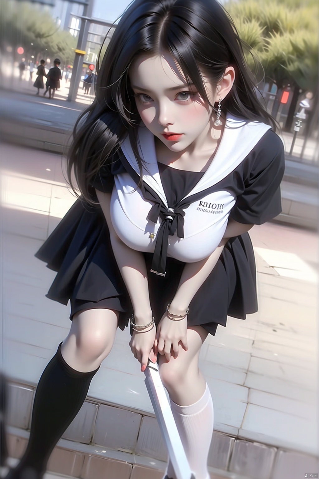 1girl solo skirt school uniform serafuku socks bracelet legs kneehighs knife