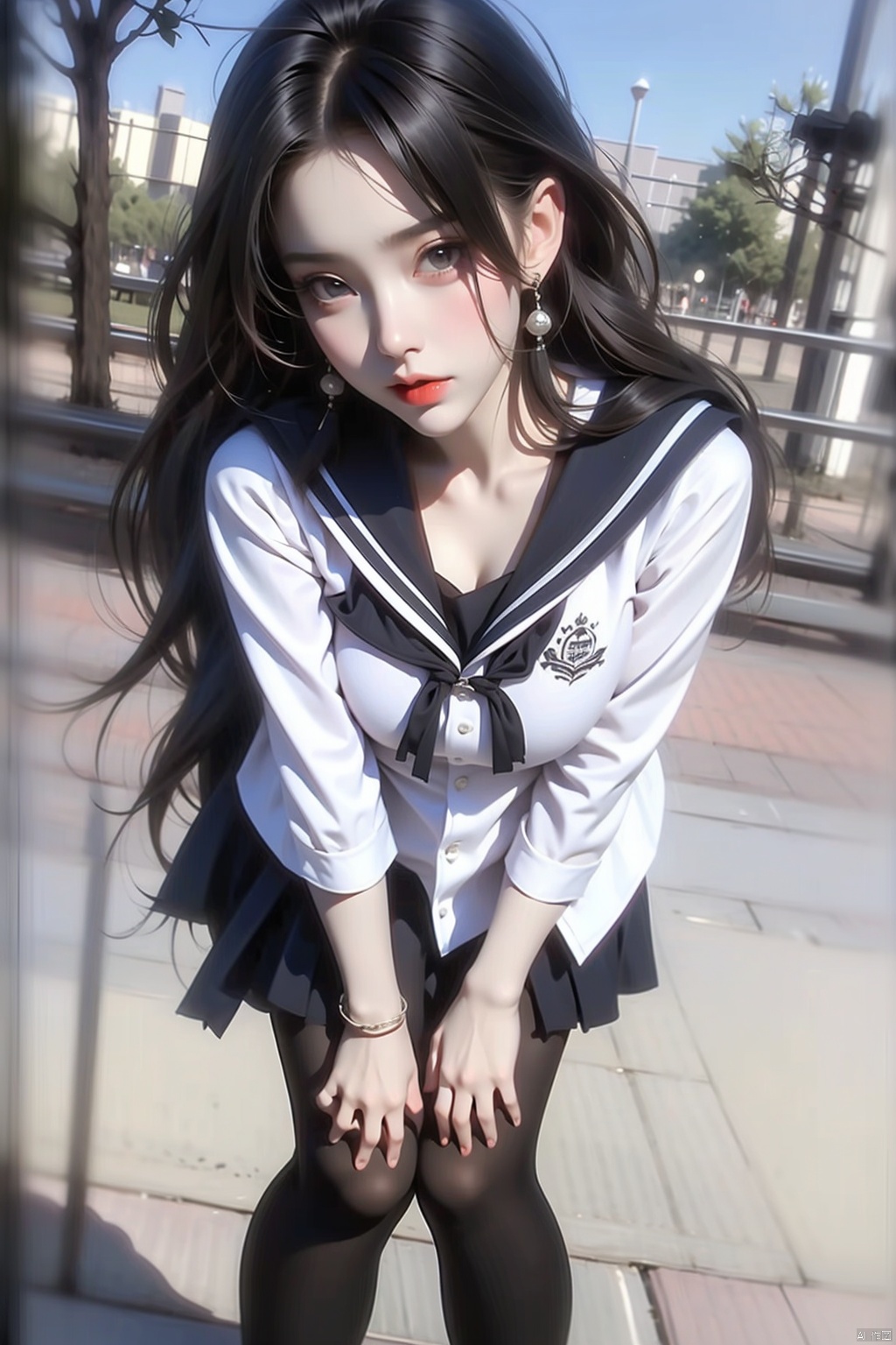 1girl solo skirt school uniform serafuku socks bracelet legs kneehighs knife