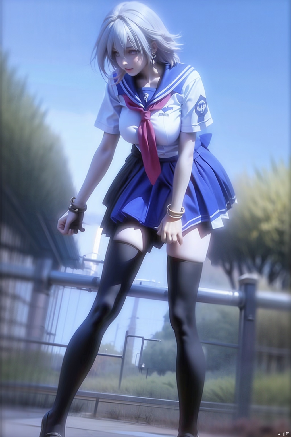 1girl solo skirt school uniform serafuku socks bracelet legs kneehighs knife, the wind blows up the skirt