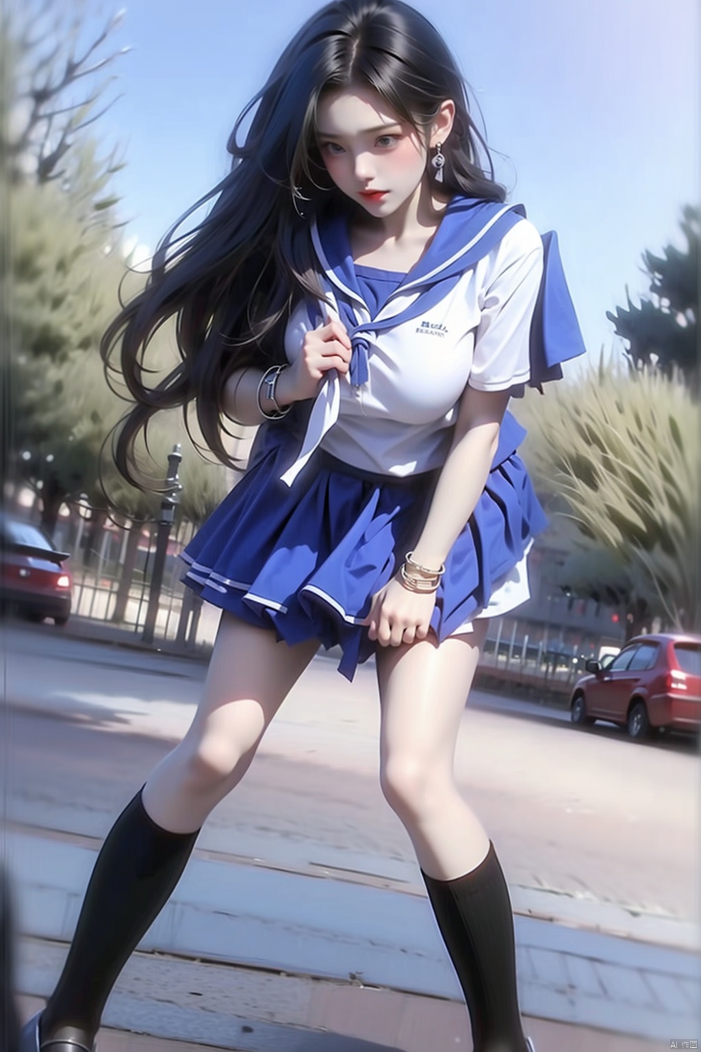 1girl solo skirt school uniform serafuku socks bracelet legs kneehighs knife,风,吹起裙子