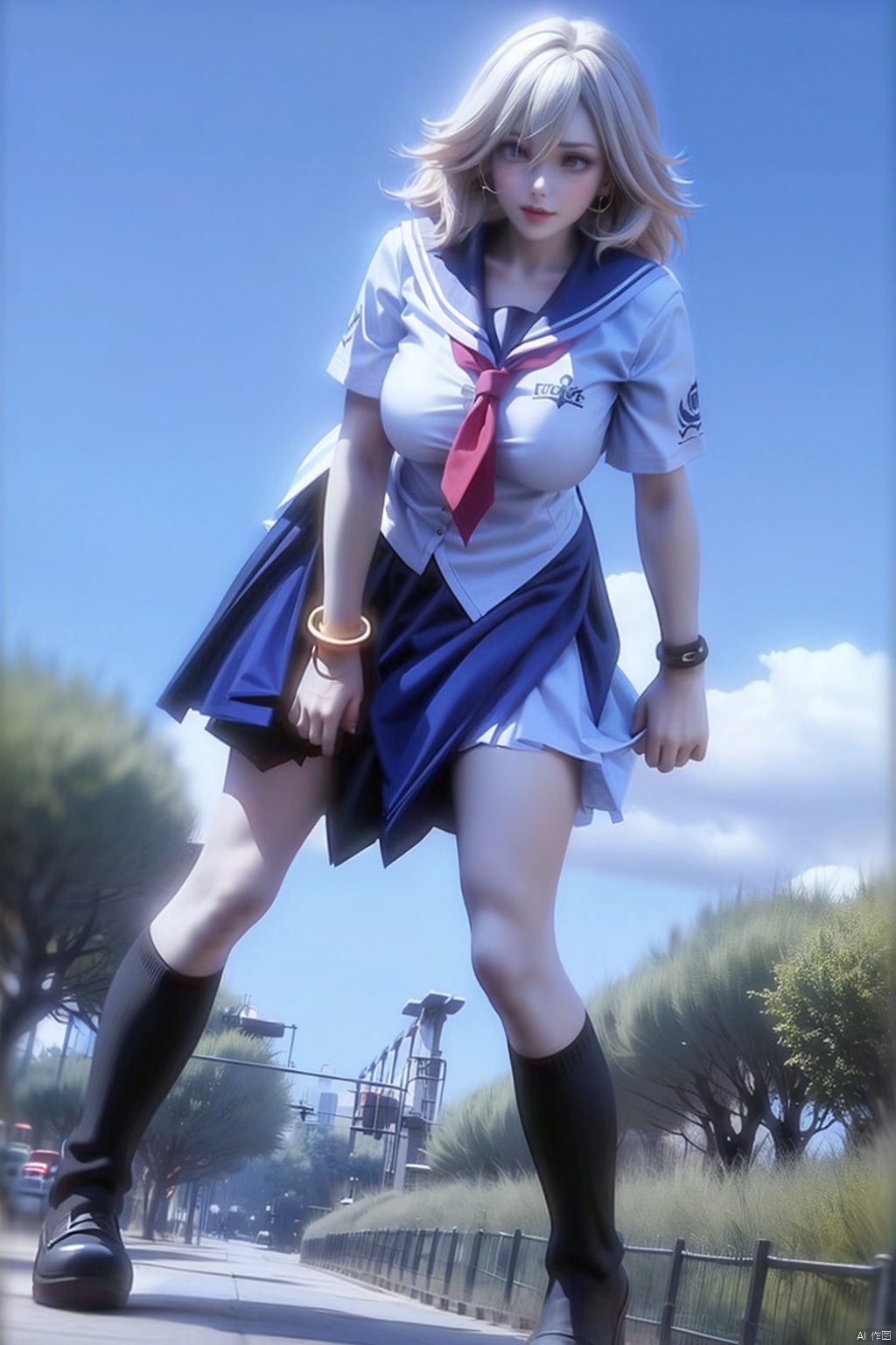1girl solo skirt school uniform serafuku socks bracelet legs kneehighs knife, the wind blows up the skirt