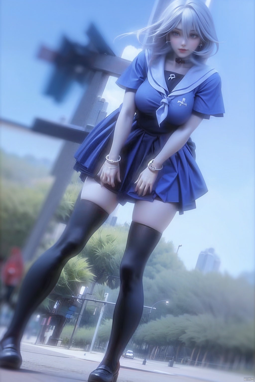 1girl solo skirt school uniform serafuku socks bracelet legs kneehighs knife, the wind blows up the skirt,Hair flying,Hands between legs