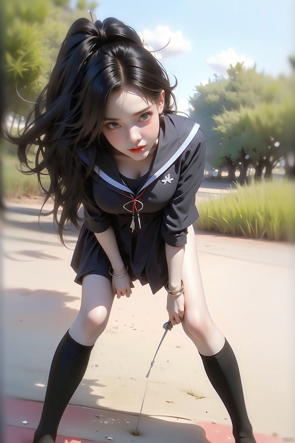A dramatic shot of a lone girl standing in a windy location, her school uniform serafuku blowing upwards to reveal her knee-high socks and slender legs. Her hair whips back and forth as she stands with her hands tucked between her knees, a hint of mischief or defiance in her expression. A silver bracelet adorns her wrist, while a knife lies at her feet, the juxtaposition of innocence and edginess piqued by the swirling wind.