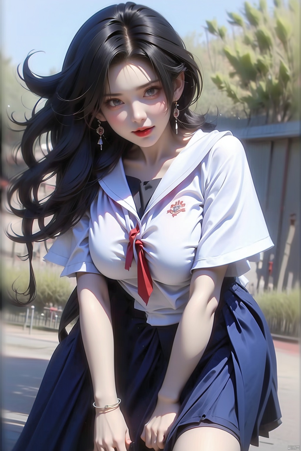 1girl solo skirt school uniform serafuku socks bracelet legs kneehighs knife, the wind blows up the skirt,Hair flying,Hands between legs