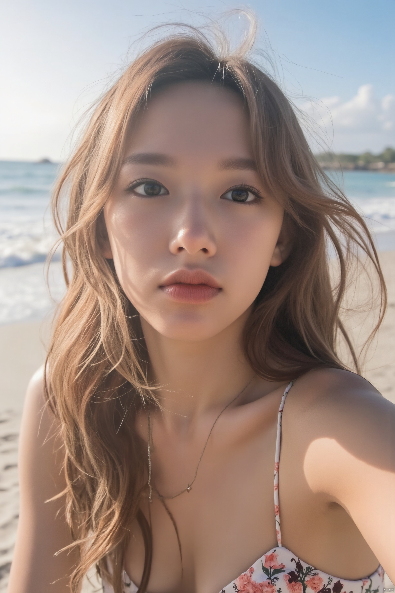 ( chiaroscuro,Fujicolor, UHD, super detail ,raw,85mm,f/1.2,FujifilmXT4,),1girl,selfie,sea, wind, messy hair, sunshine, beach, (aesthetics and atmosphere:1.2)
