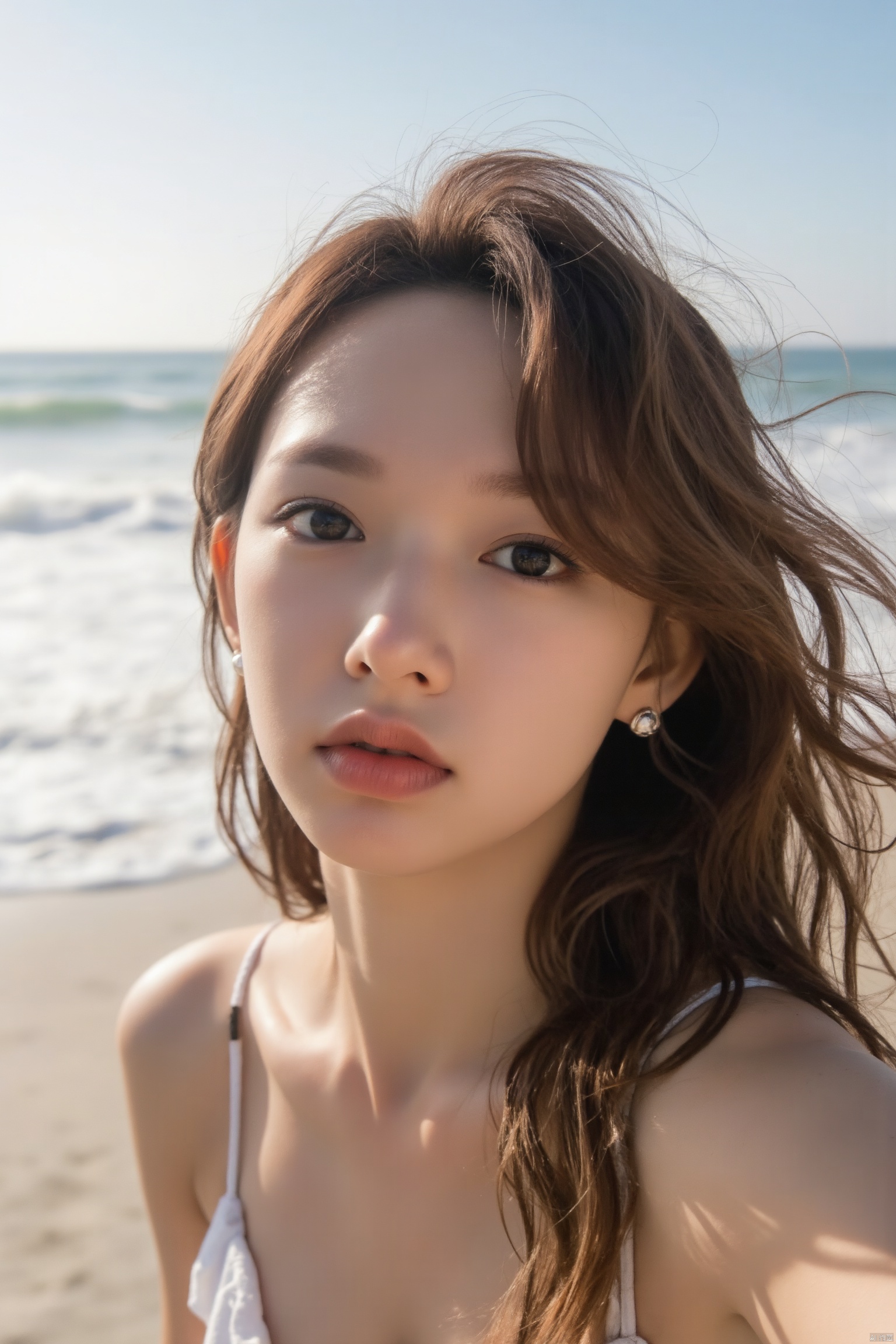 ( chiaroscuro,Fujicolor, UHD, super detail ,raw,85mm,f/1.2,FujifilmXT4,),1girl,selfie,sea, wind, messy hair, sunshine, beach, (aesthetics and atmosphere:1.2)
