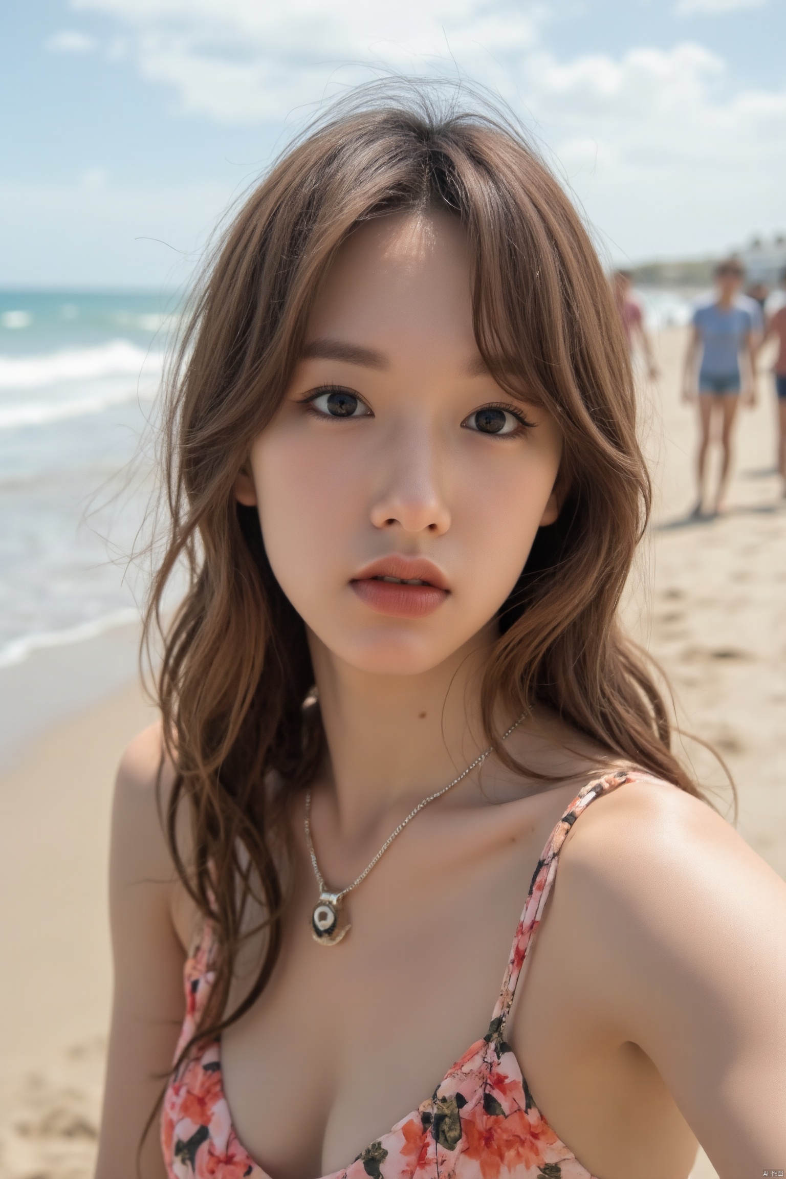 ( chiaroscuro,Fujicolor, UHD, super detail ,raw,85mm,f/1.2,FujifilmXT4,),1girl,selfie,sea, wind, messy hair, sunshine, beach, (aesthetics and atmosphere:1.2)
