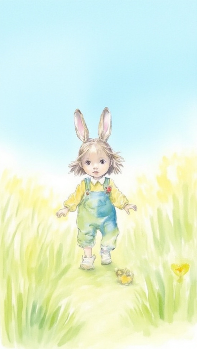 watercolor,  bunny toddler girl in kindergarten lightblue smock walking fields,  background blue sky on Tensor.Art