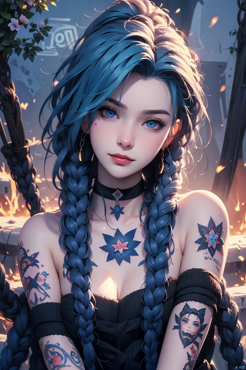  8K image., shinkai color,blue hair,1girl, solo, long hair, breasts, looking at viewer, smile, bangs, blue eyes, bare shoulders, jewelry, closed mouth, blue hair, collarbone, upper body, braid, small breasts, alternate costume, choker, shiny, artist name, shiny hair, twin braids, head tilt, tattoo, black choker, asymmetrical bangs, arm tattoo, photo \(object\), shoulder tattoo, neck tattoo, jinx \(league of legends\), caitlyn \(league of legends\), vi \(league of legends\)