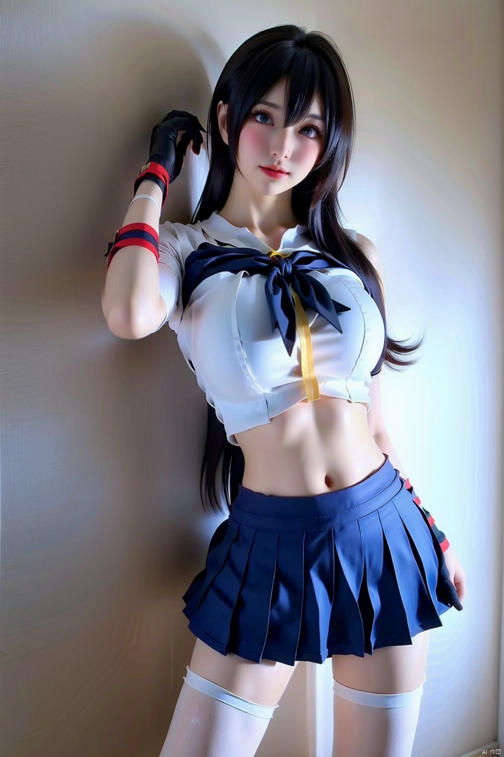 1girl
solo
long hair
skirt
black hair
thighhighs
gloves
navel
pleated skirt
elbow gloves
midriff
miniskirt
white thighhighs
blue skirt
crop top
脸红wristband
shimakaze \(kancolle\) \(cosplay\)
shimakaze \(kancolle\)


solo