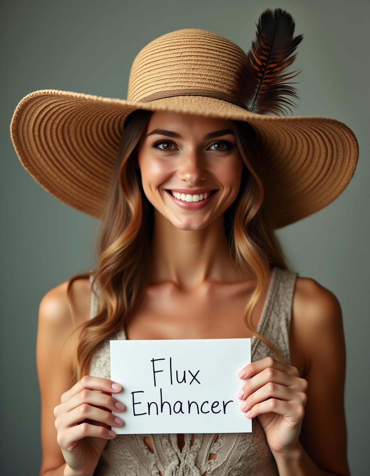 a smirking beautiful fashion model wearing a large straw hat with a hawk feather is holding a sign with the words "Flux En...