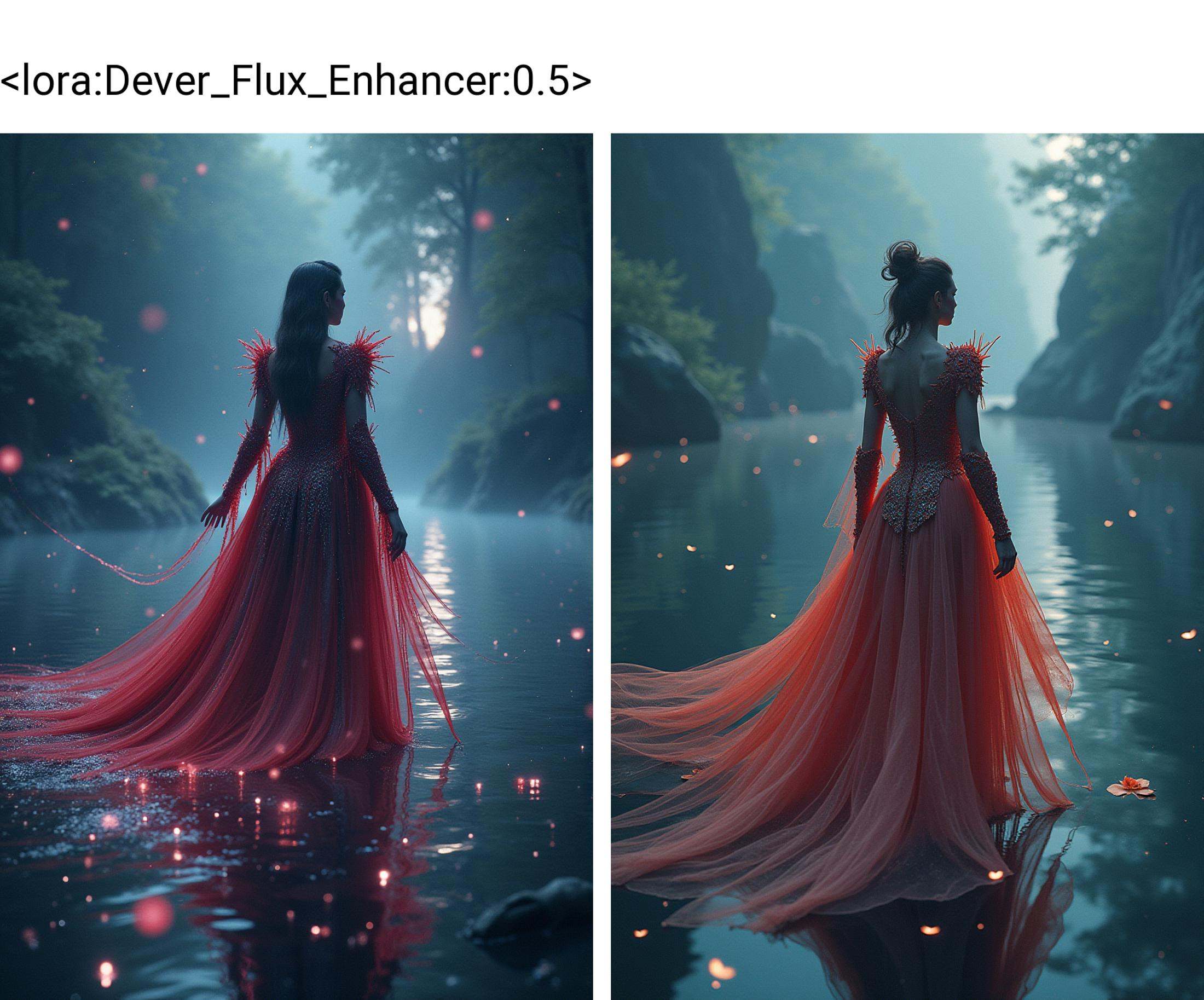 a woman wearing a large flowing evening gown exoskeleton mycelium armor glides above a shimmering lake,  acidwave,  aesthe...