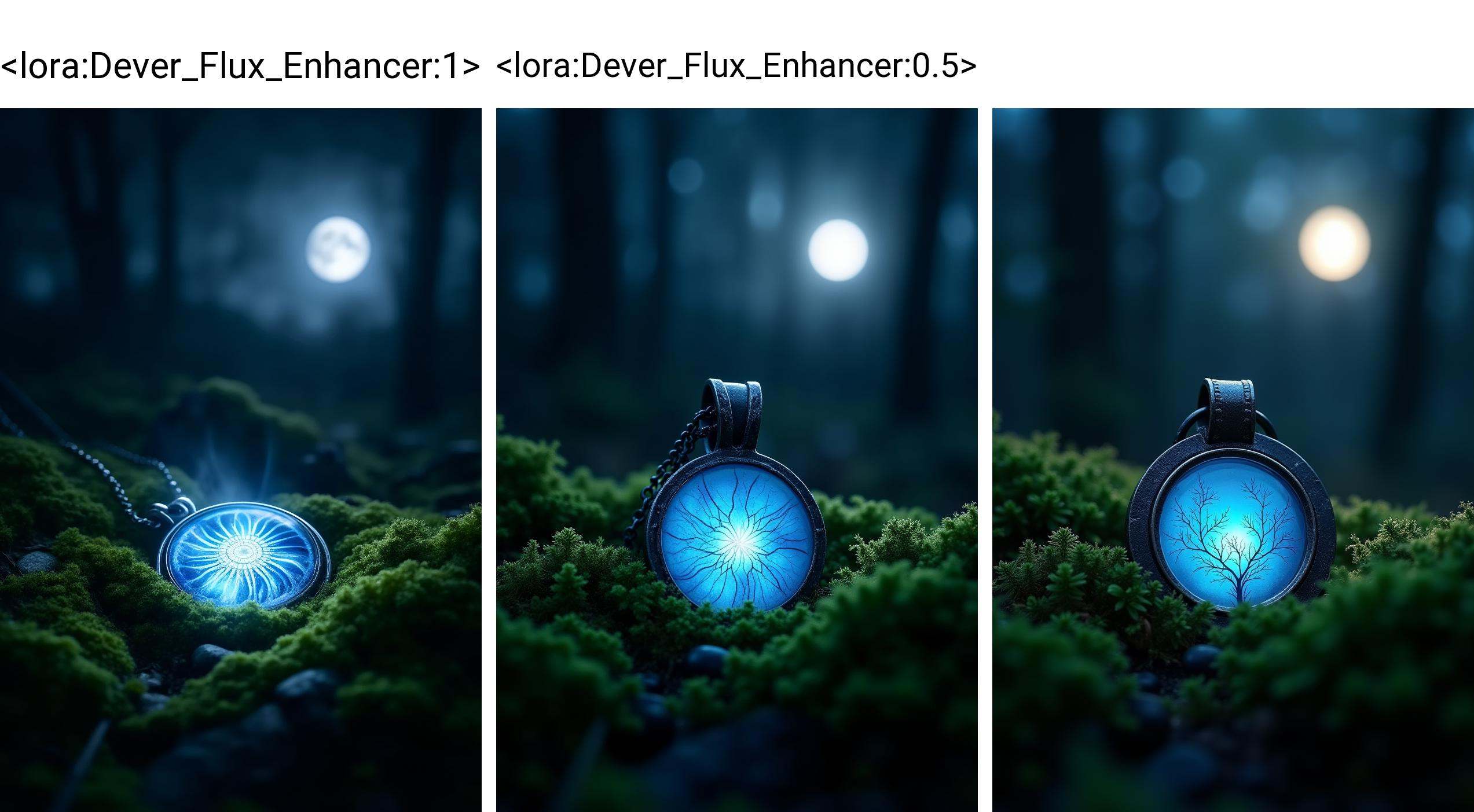 A close-up of an enchanted pendant lying on a bed of moss,  under a full moon. The pendant glows with a soft blue light,...