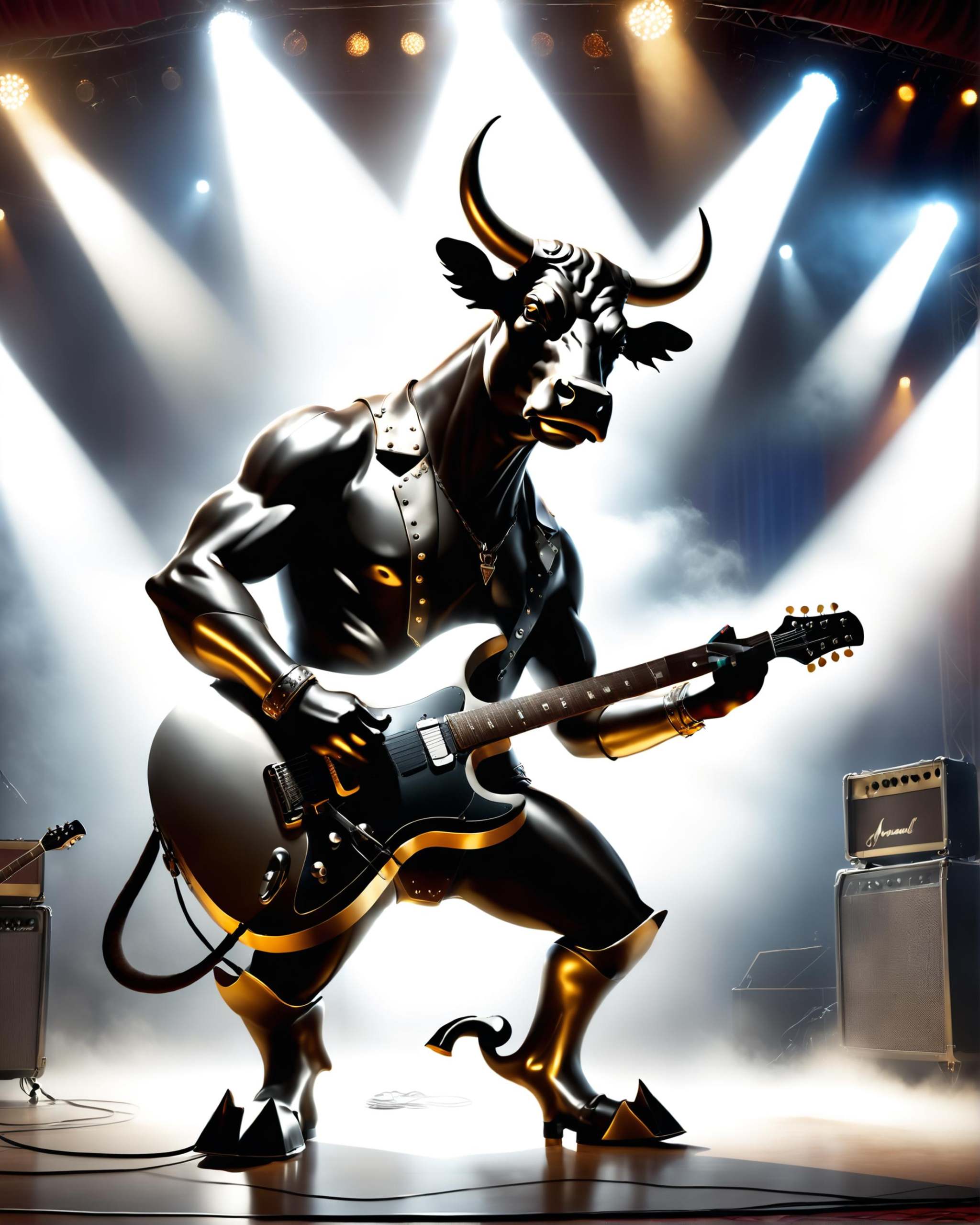 anthropomorphic bull rocking an electric guitar on stage,  spotlights,  fog on Tensor.Art