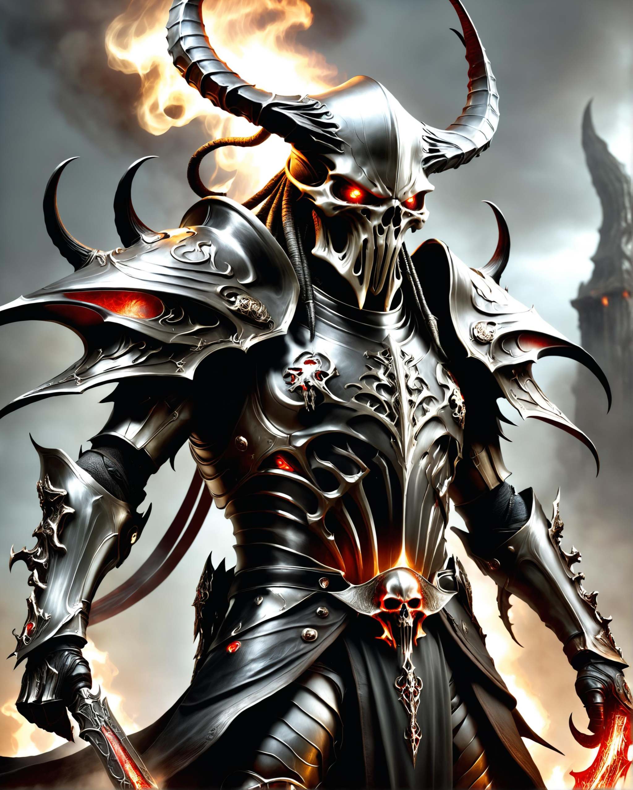 a Cthulhu warrior fantasy character with red glowing eyes wearing black Daedric rises from the burning ashes,  horned helm...