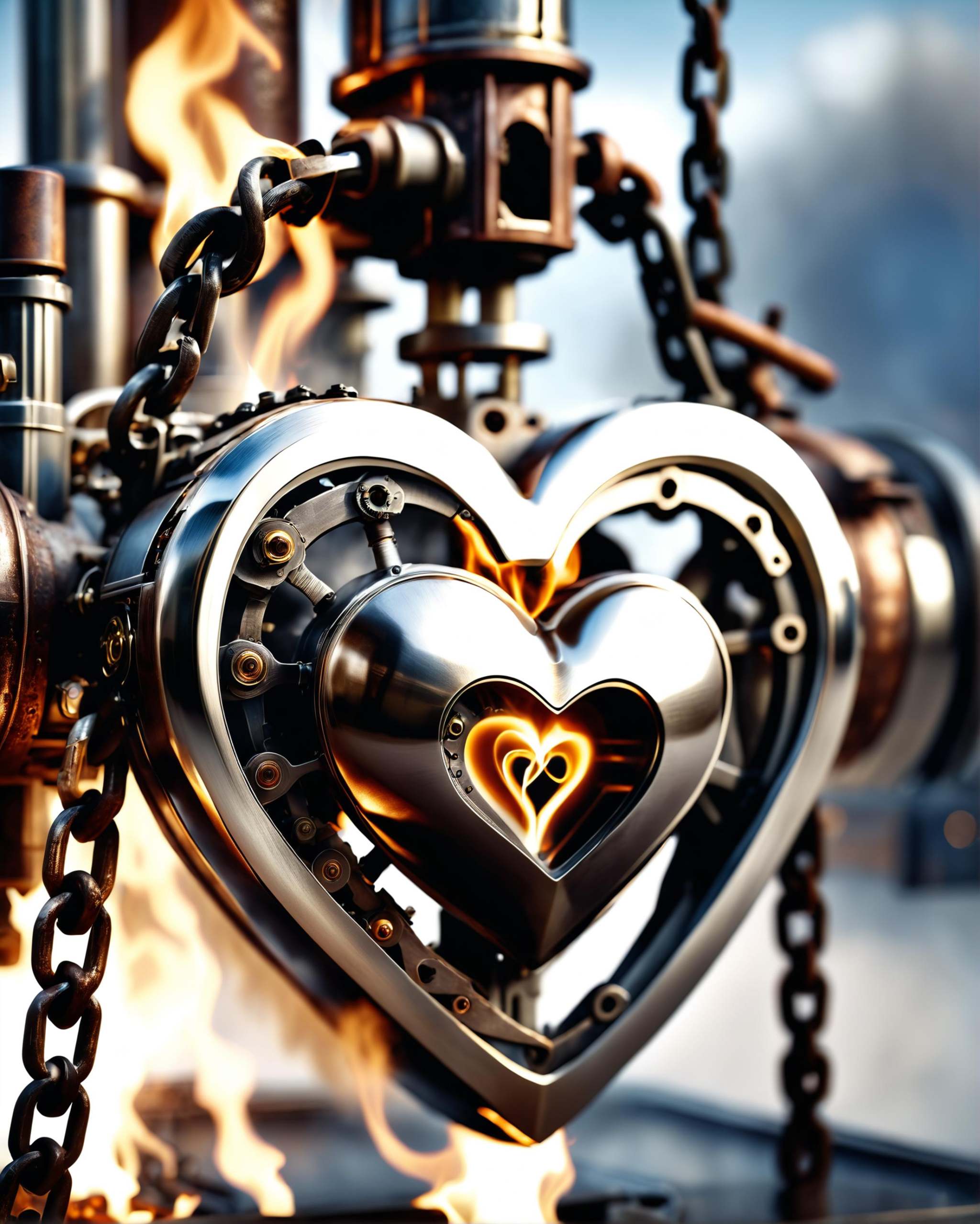award winning photo of a transhumanistic steam engine heart with intricate metallic parts on fire restrained by rusty chai...