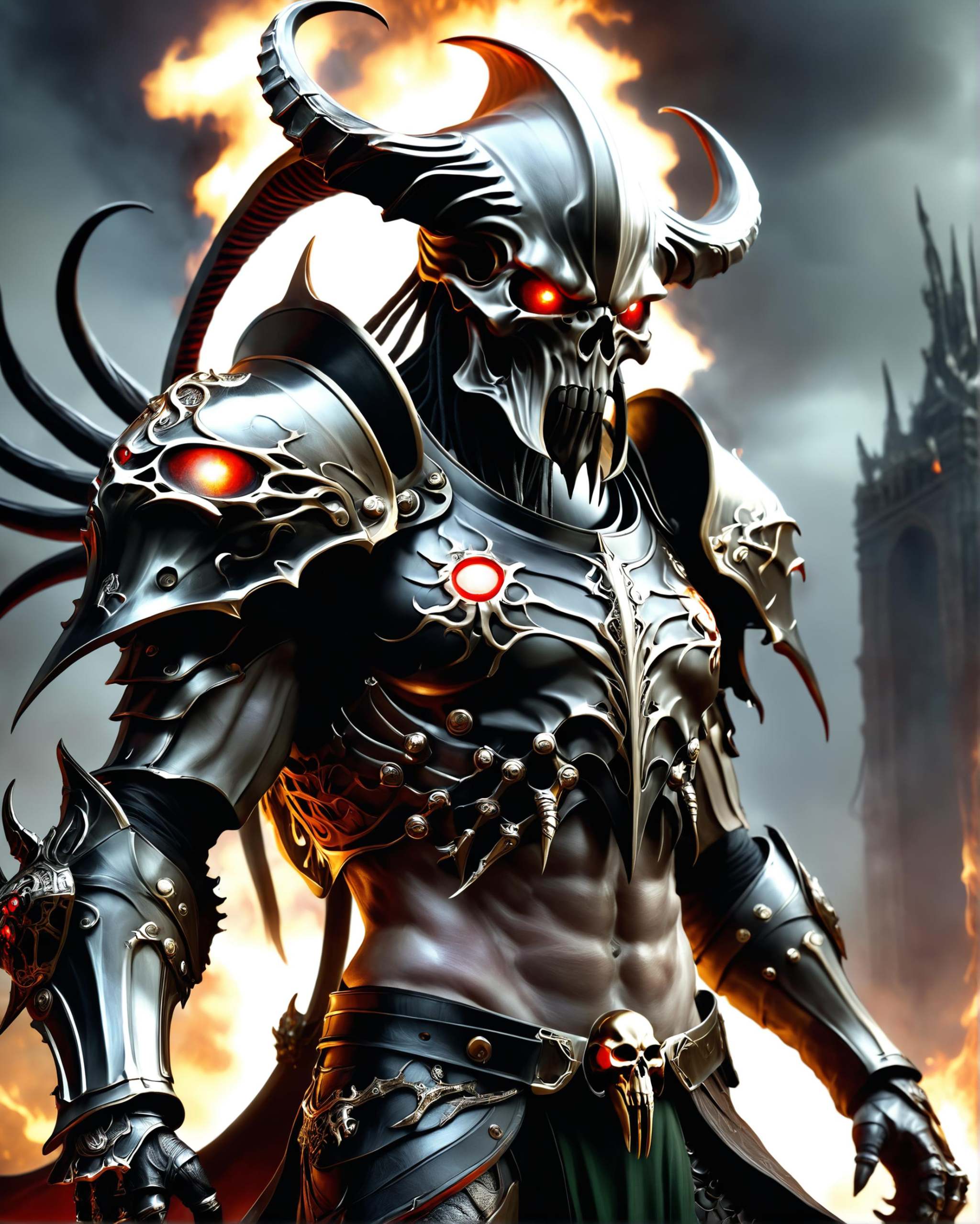 a Cthulhu warrior fantasy character with red glowing eyes wearing black Daedric rises from the burning ashes,  horned helm...