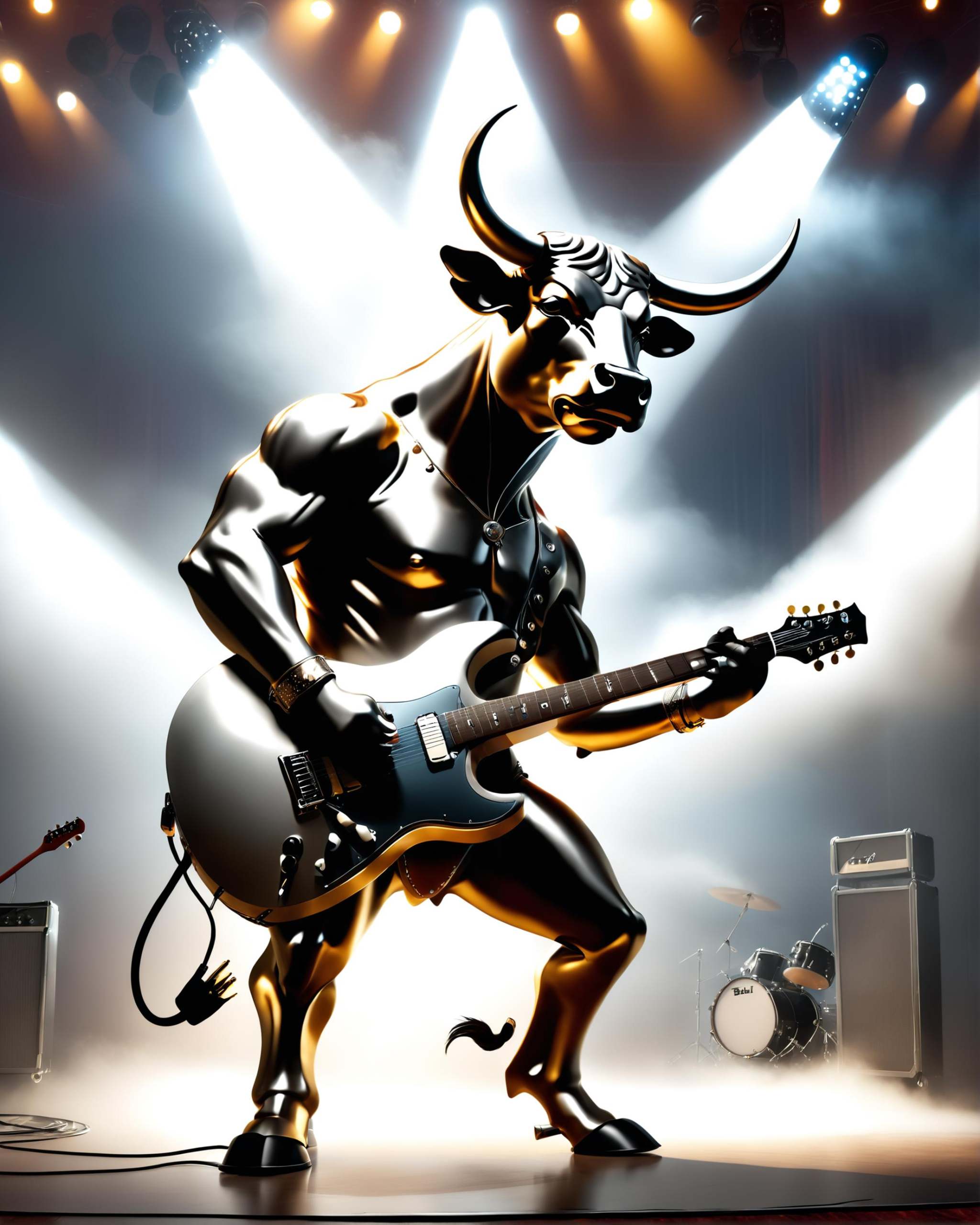 anthropomorphic bull rocking an electric guitar on stage,  spotlights,  fog on Tensor.Art