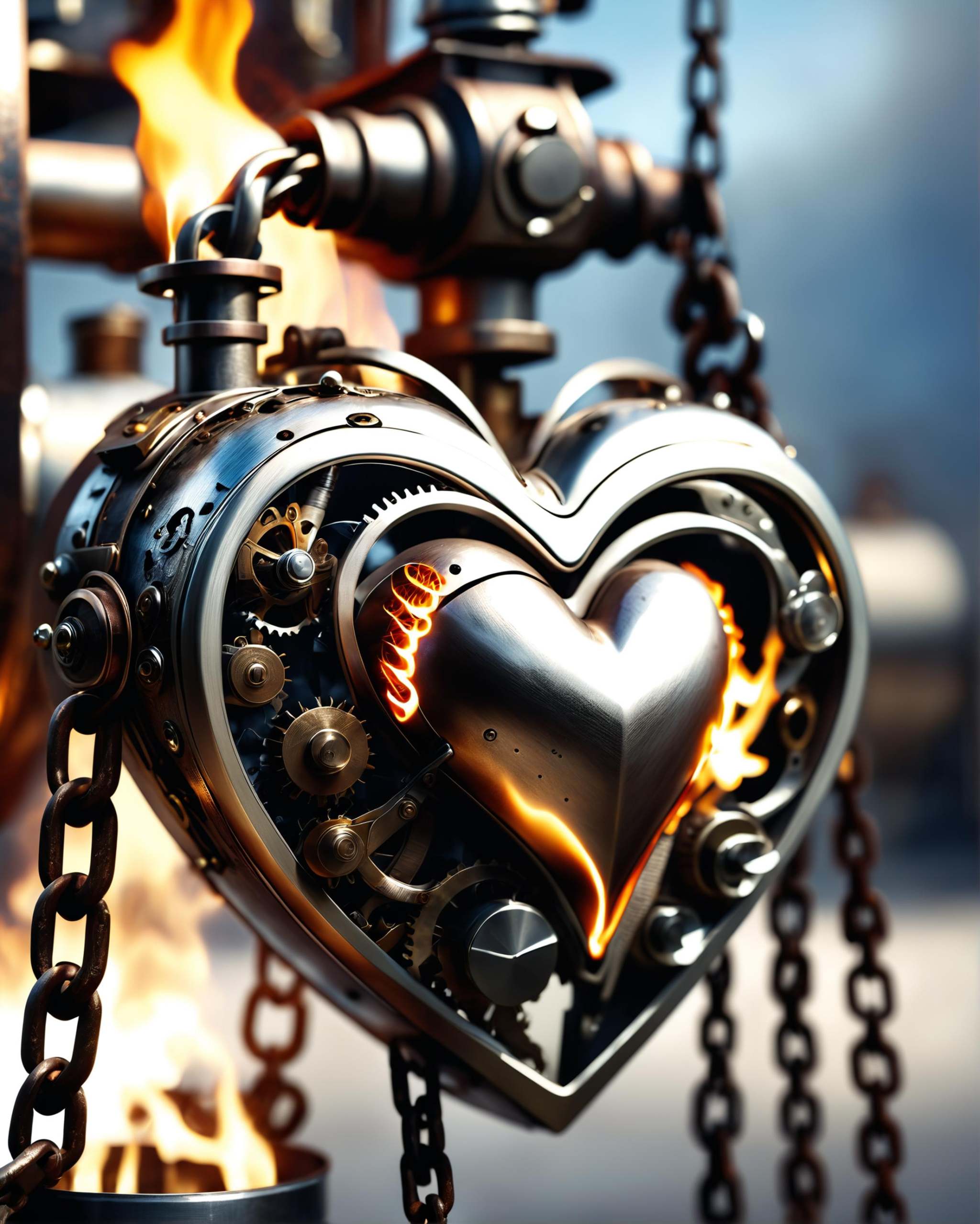 award winning photo of a transhumanistic steam engine heart with intricate metallic parts on fire restrained by rusty chai...