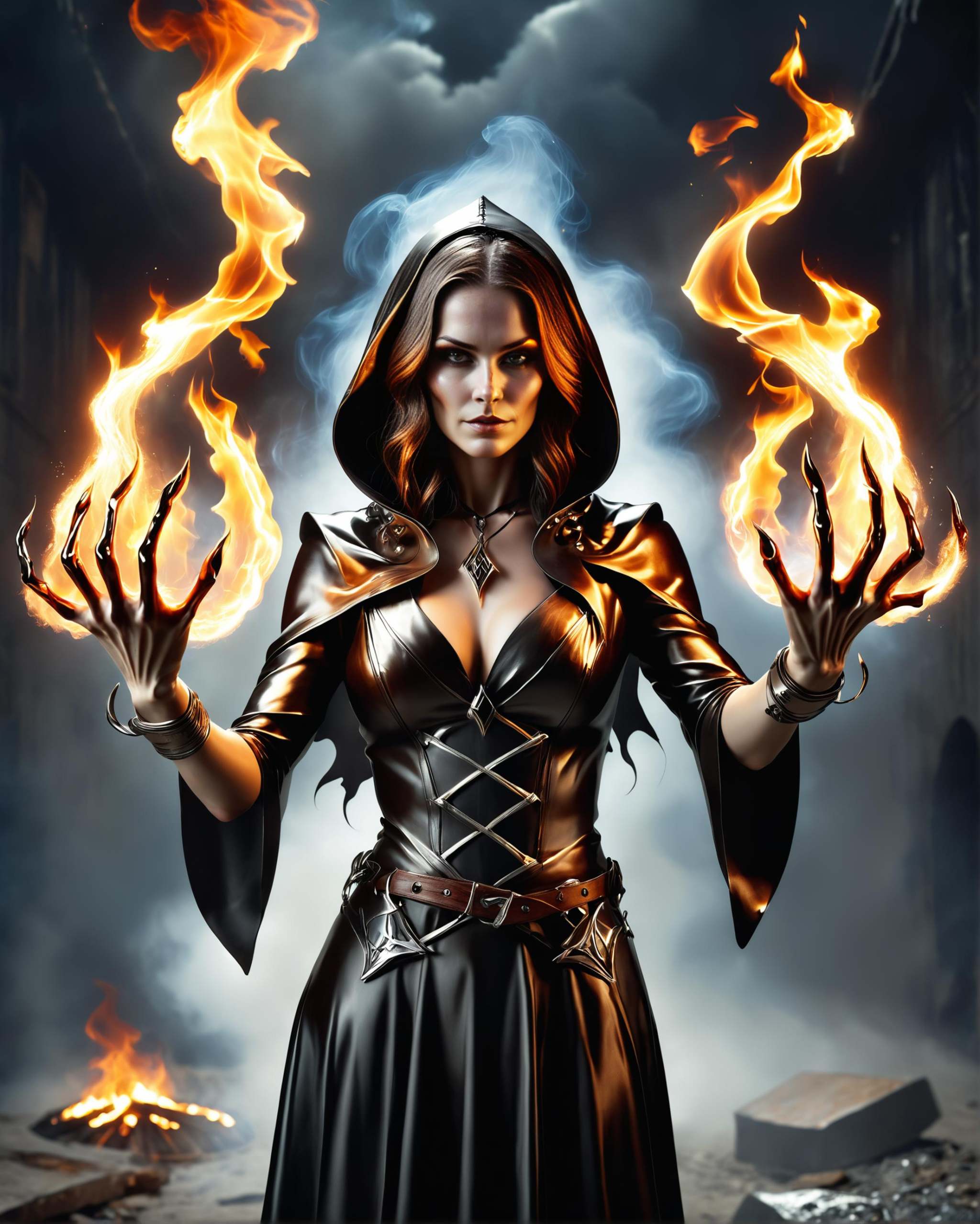 award winning photo of a witch with flaming fire elemental hands,  apocalyptic dark background dvr-chrm on Tensor.Art