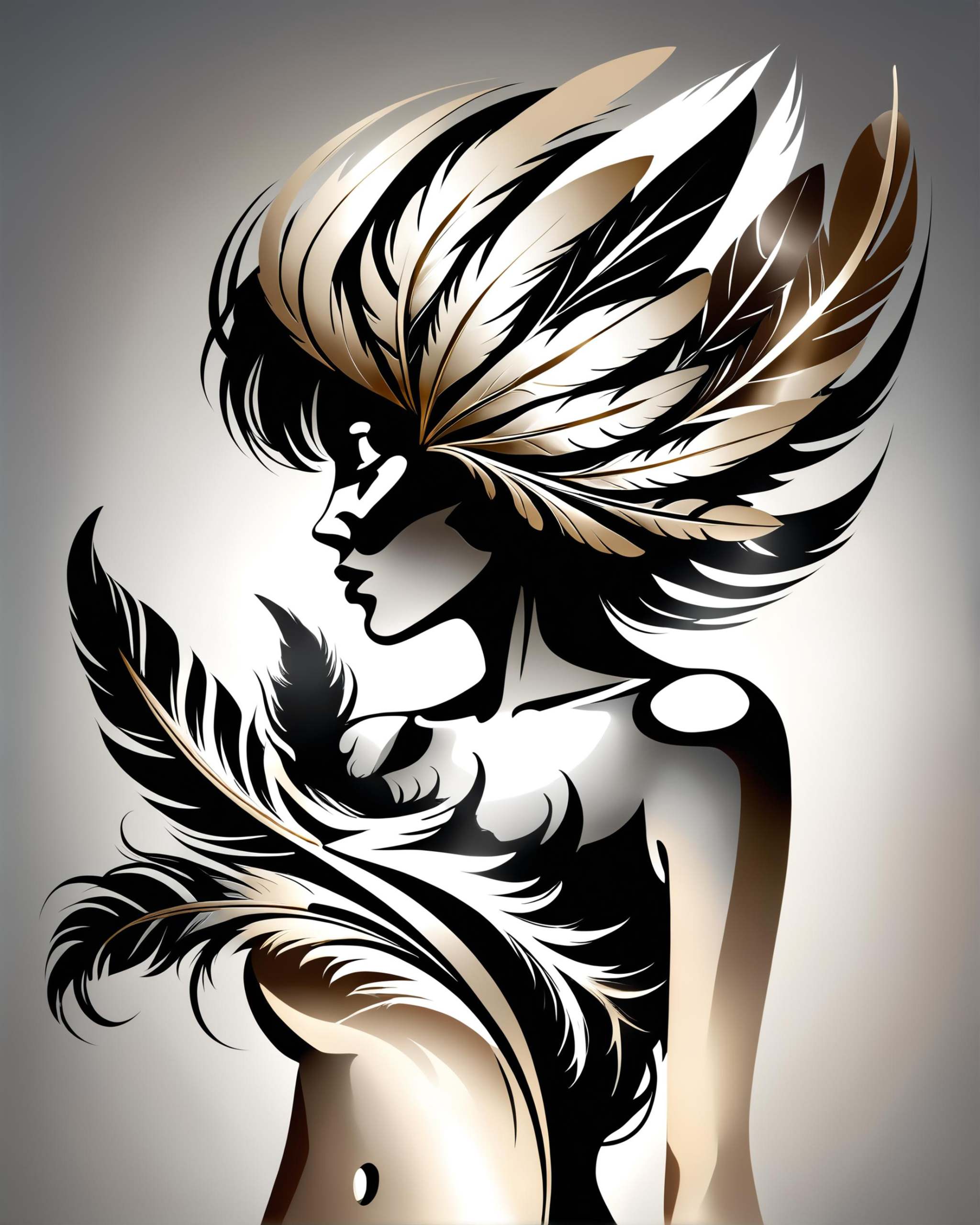woman silhouette stylized as a feather stylized as a bundle of feathers,  negative space dvr-chrm on Tensor.Art