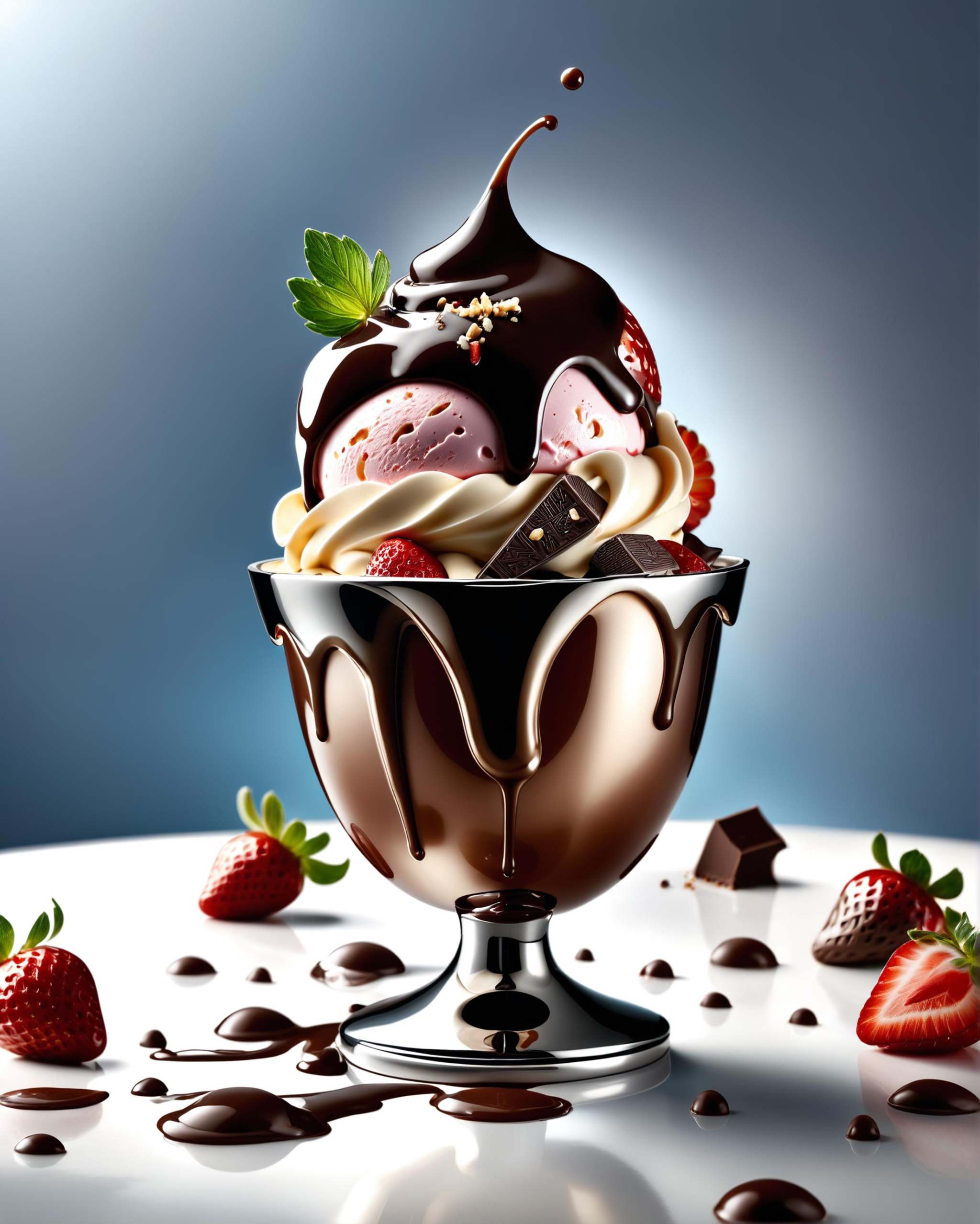 award winning product photography,  restaurant ice cream fantasy with a towering strawberry,  product advert on Tensor.Art