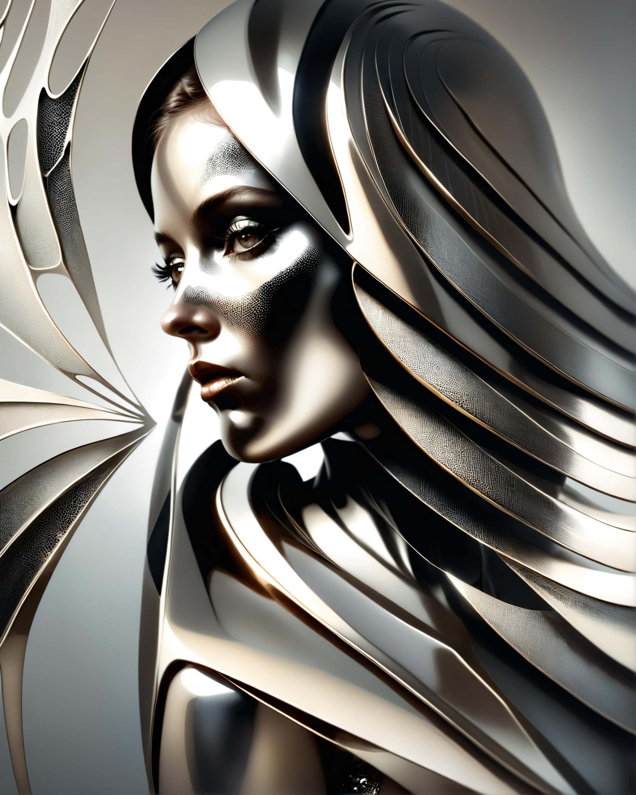 [ [pitch black background,  |] octopus silhouette : close-up elegant arachnid woman portrait with her eyes wide open,  lig...