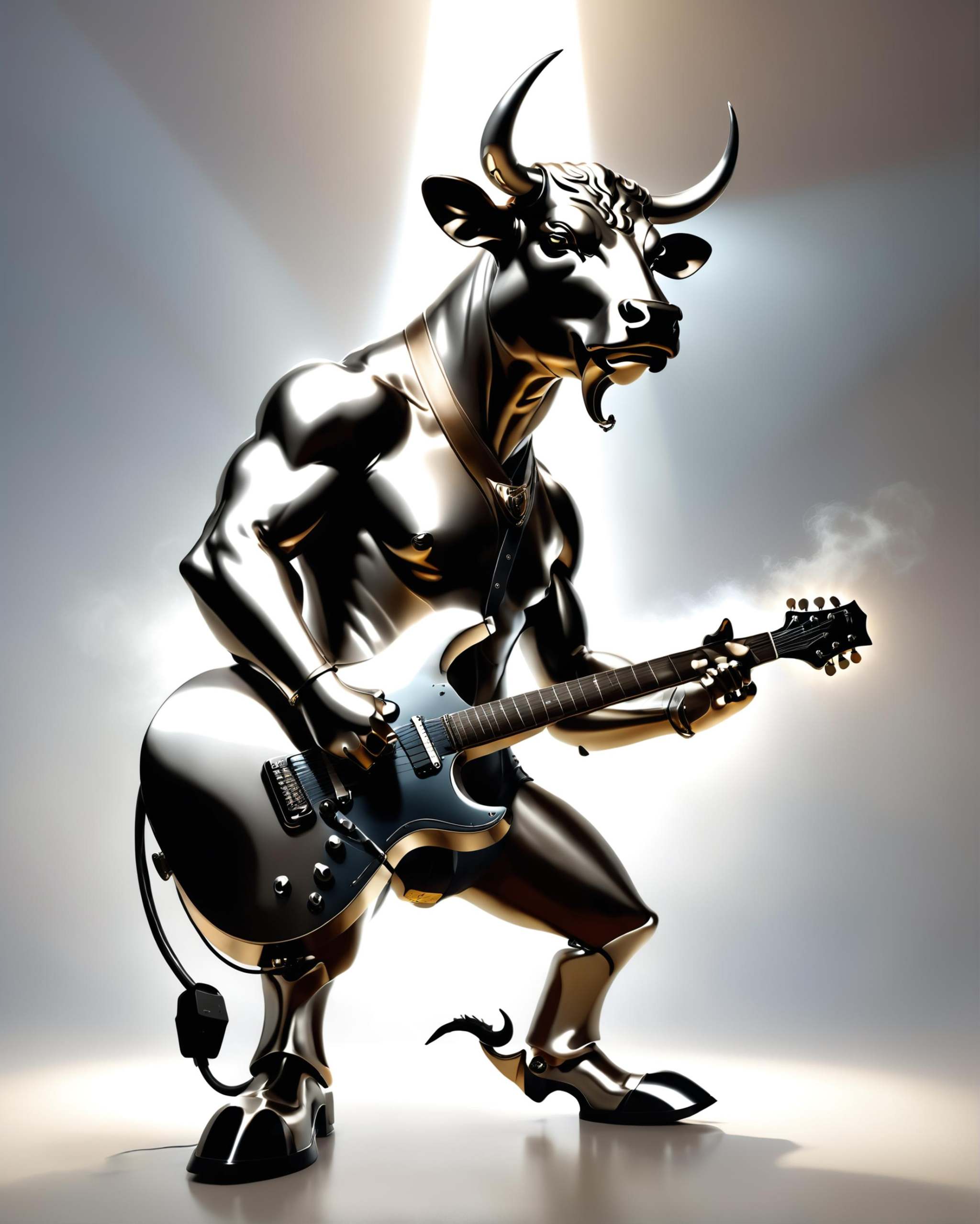 anthropomorphic bull rocking an electric guitar on stage,  spotlights,  fog on Tensor.Art