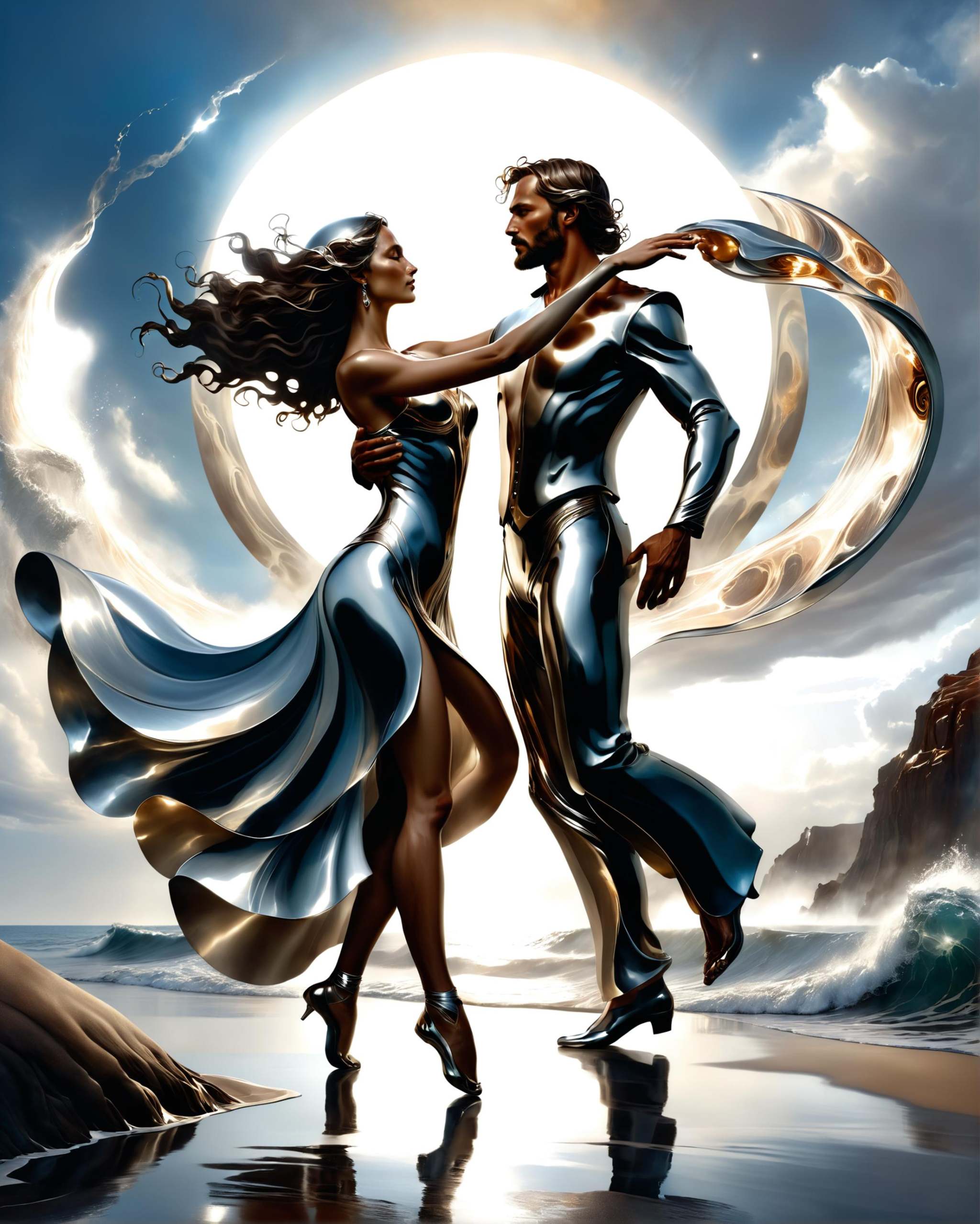 dancing couple inspired by ocean waves and molten metal,  magnificent,  celestial on Tensor.Art