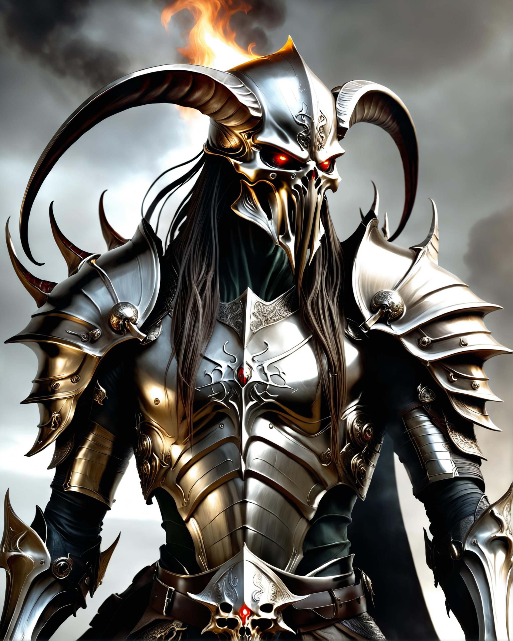 a Cthulhu warrior fantasy character with red glowing eyes wearing black Daedric rises from the burning ashes,  horned helm...