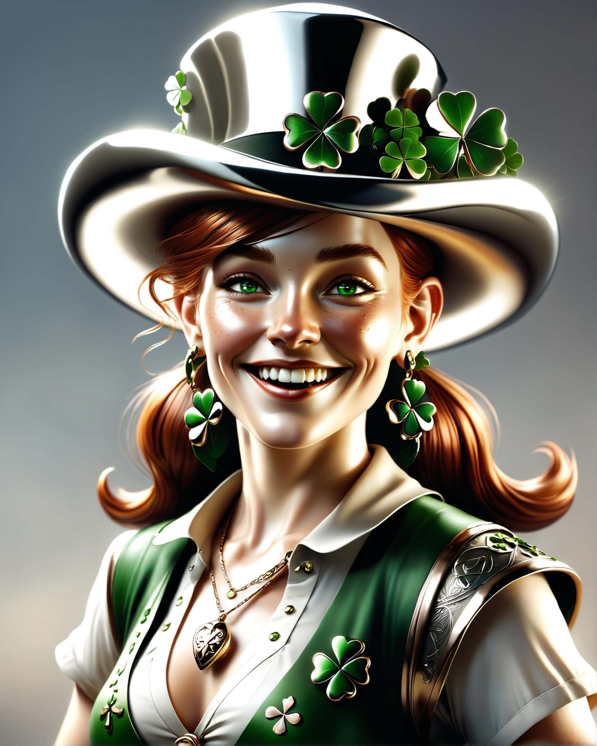 big smile female leprechaun,  squinting,  cocked hat on Tensor.Art