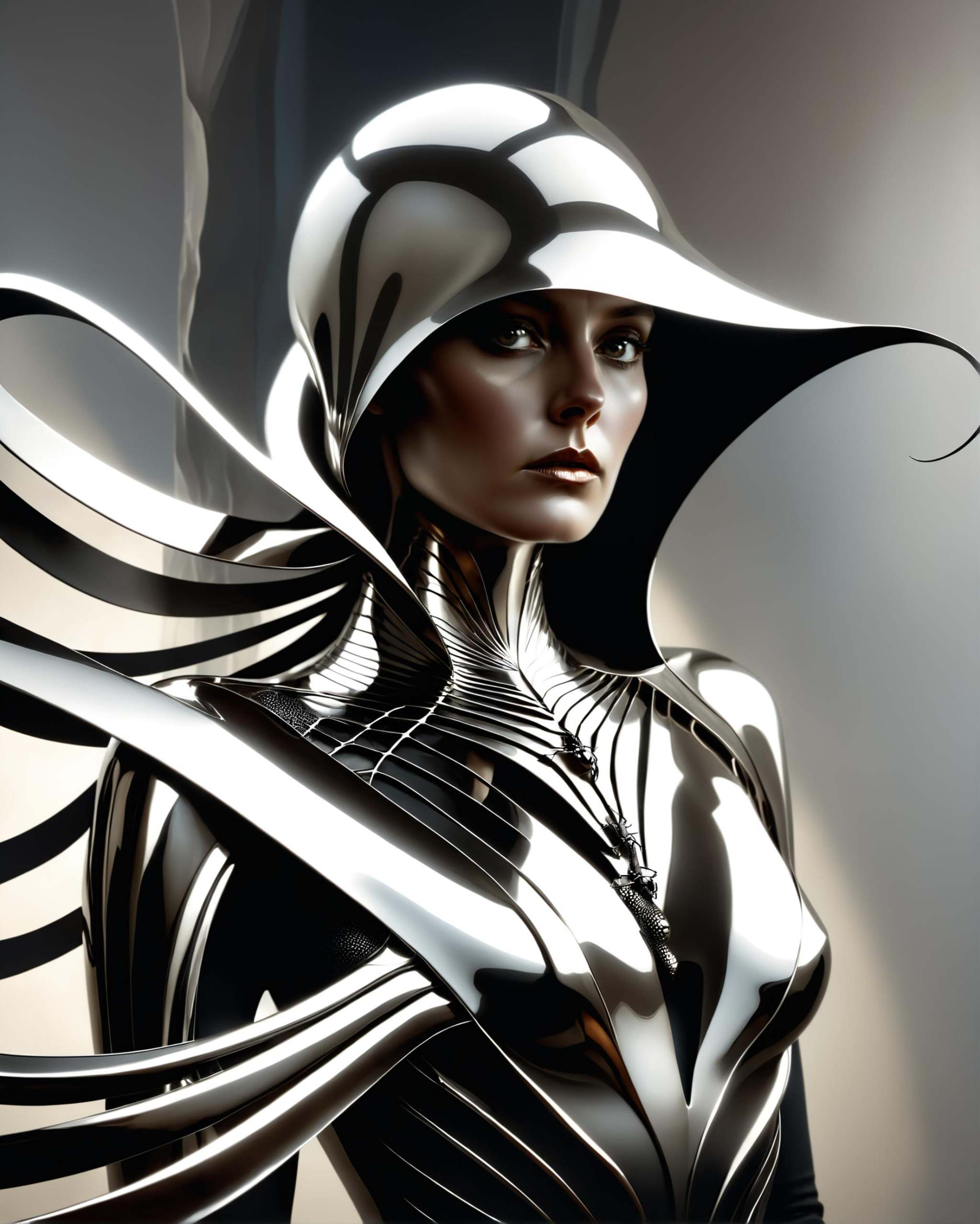 [ [pitch black background,  |] hooded assassin silhouette : close-up elegant arachnid woman portrait with her eyes wide op...