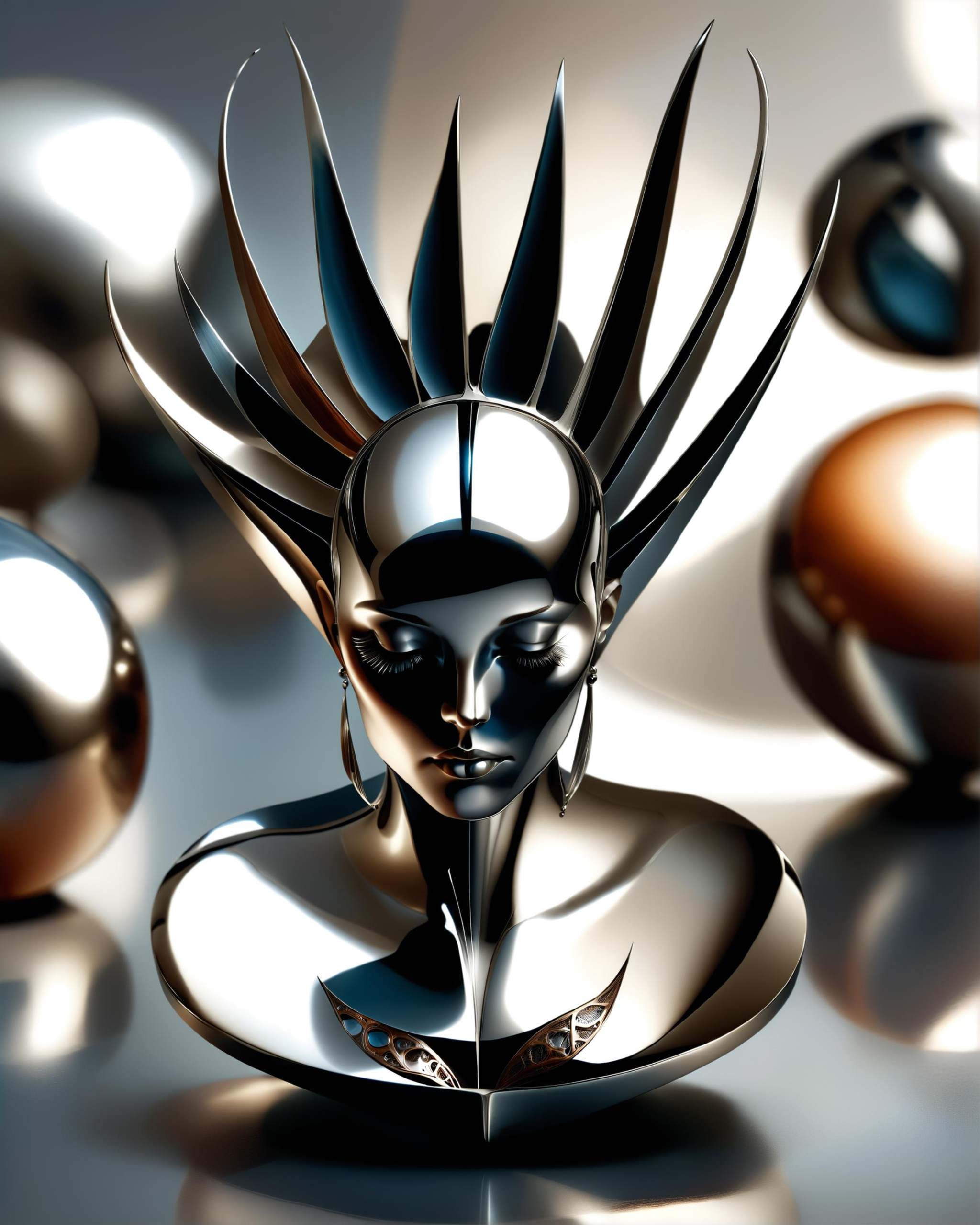 [ nanite geometry,  thorny sundae :concept art of a silhouette outline of a woman,  half computer body and silver filigree...