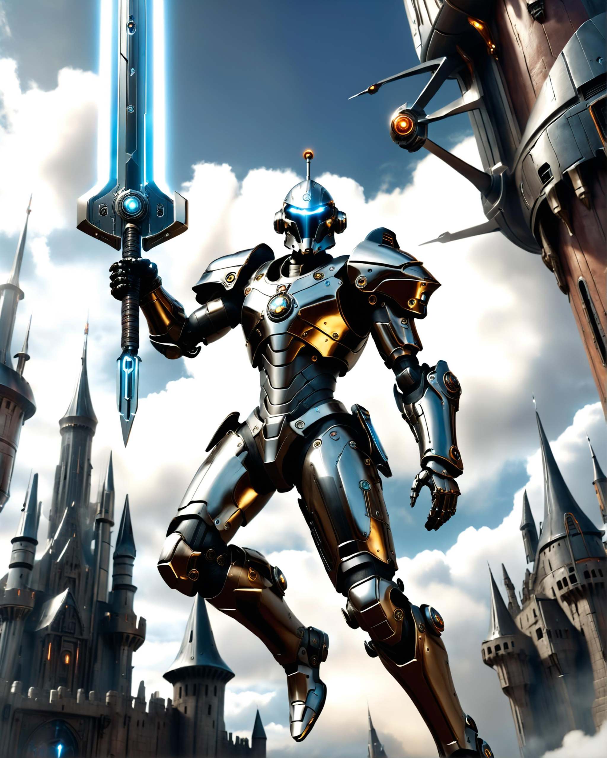 arcade game screenshot of a futuristic cyborg with a giant sword and intricate war armor plunging through the clouds towar...