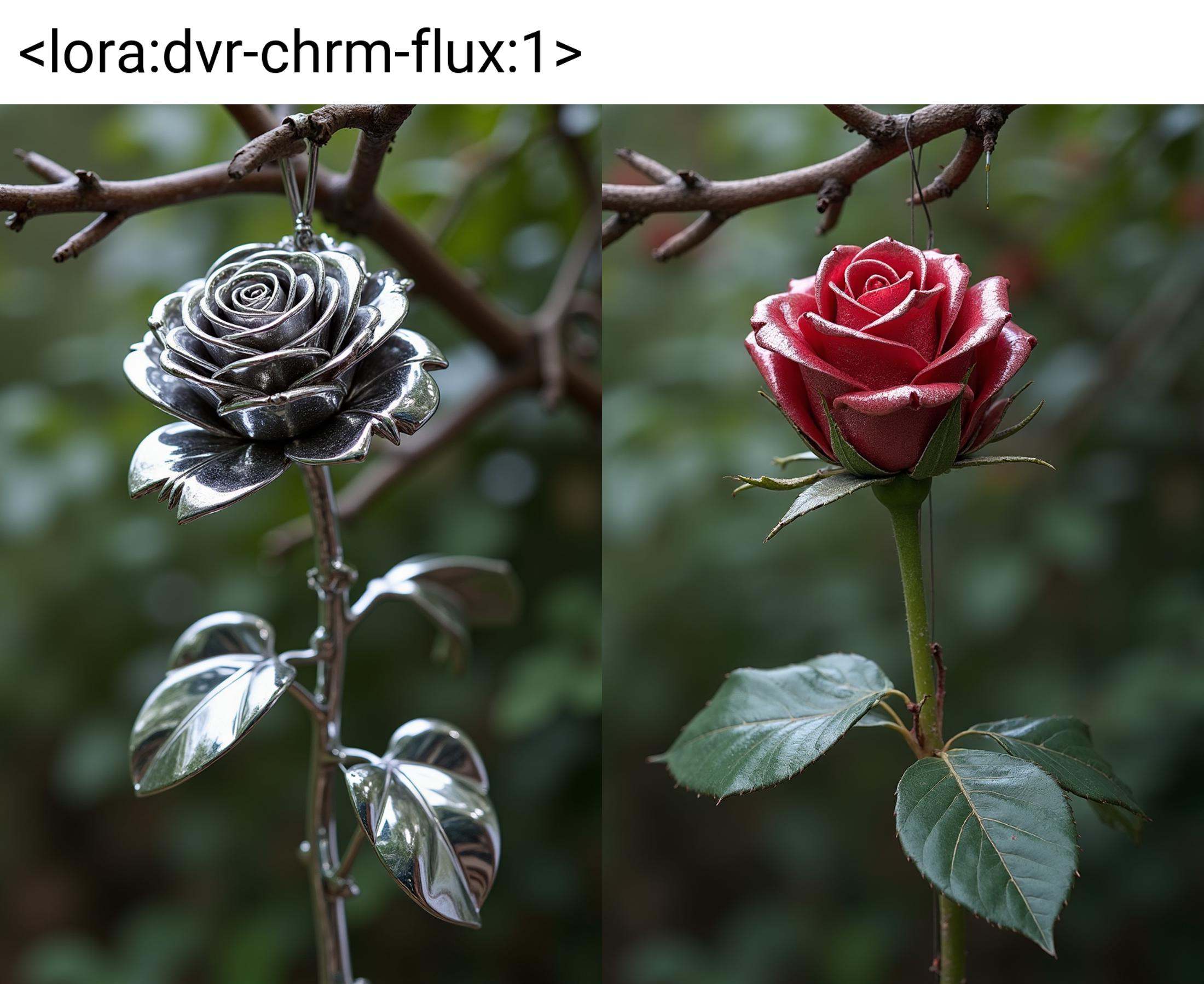 close-up of an intricately detailed upside-down chrome rose is dangling from a tree branch on Tensor.Art