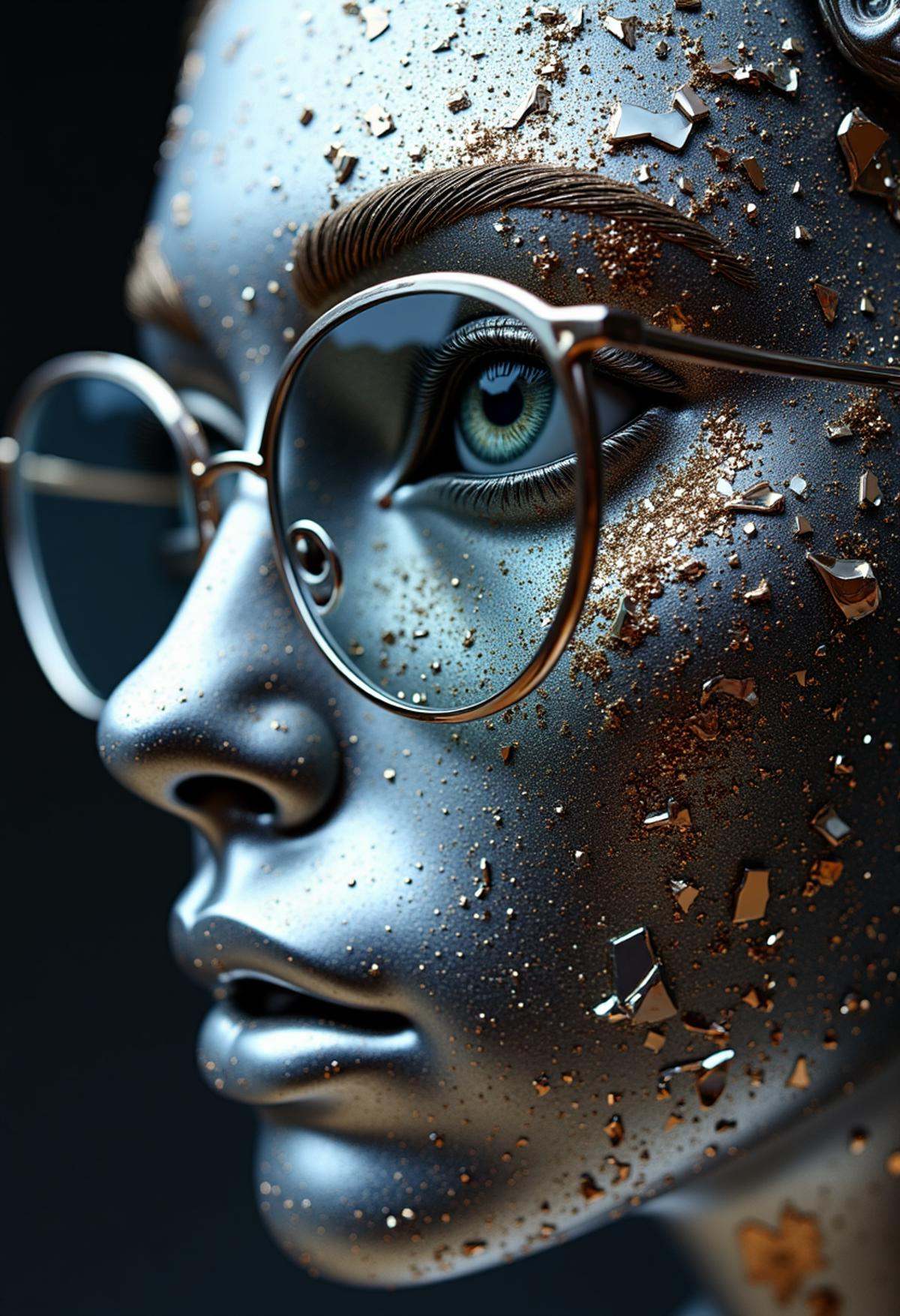 half chrome face with weird glasses,  dust,  fragments on Tensor.Art