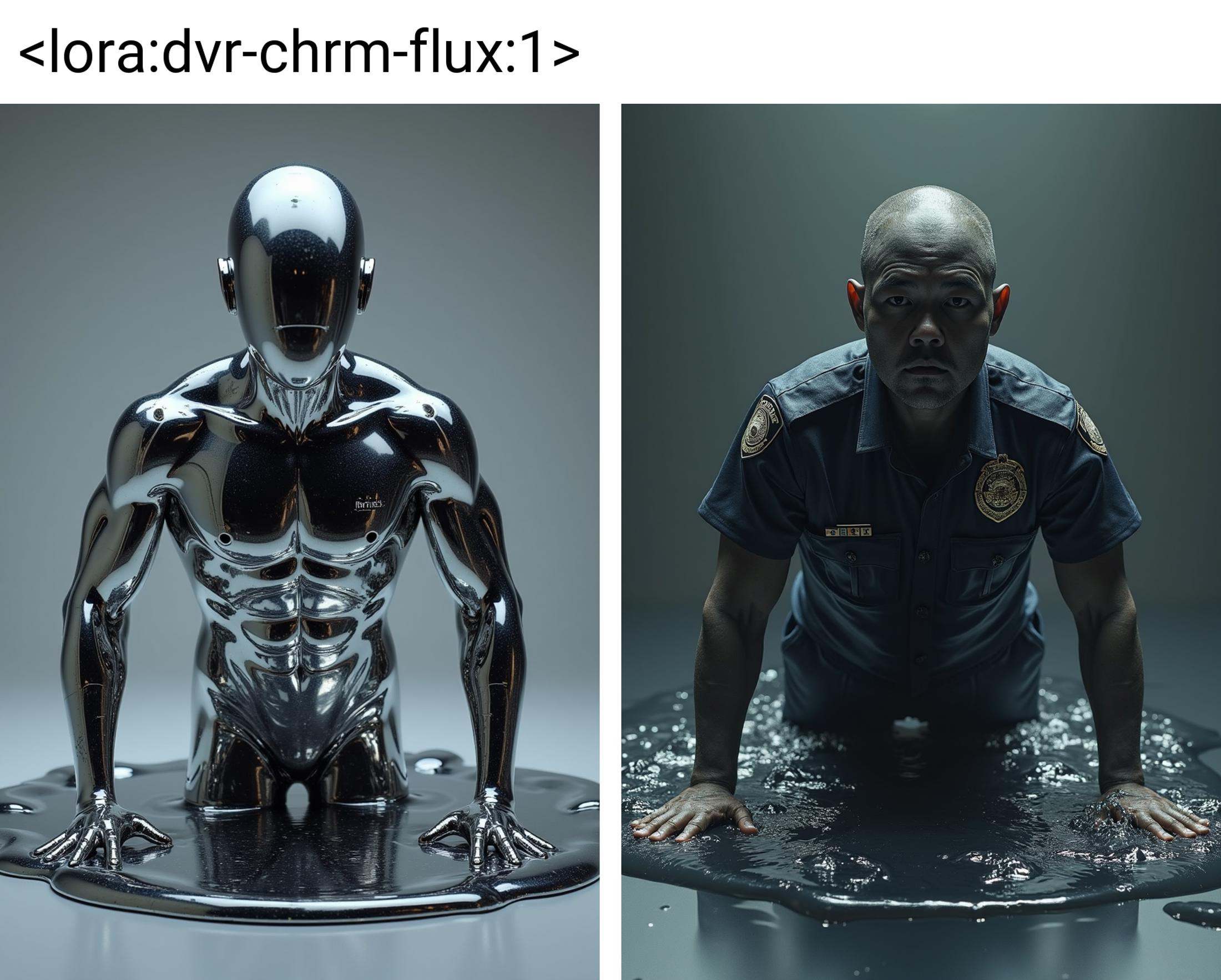 human doing pushups,  blob vaguely shaped like a human wearing a police officer uniform rising from a puddle of liquid mer...