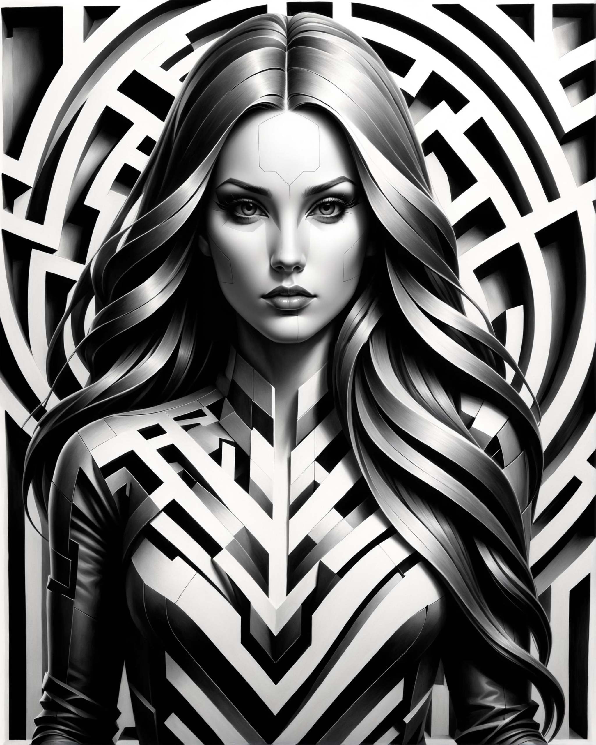 pencil drawing,  b&w portrait of a woman with long hair,  stylized as a maze on Tensor.Art