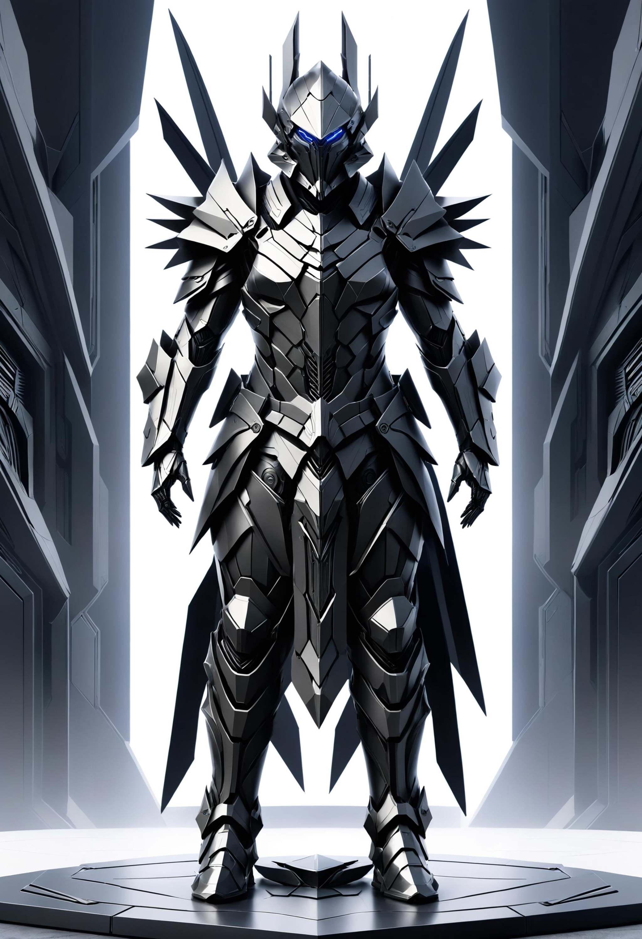 A concept art piece for a video game,  showcasing a unique character design with detailed armor and weaponry,  set against...