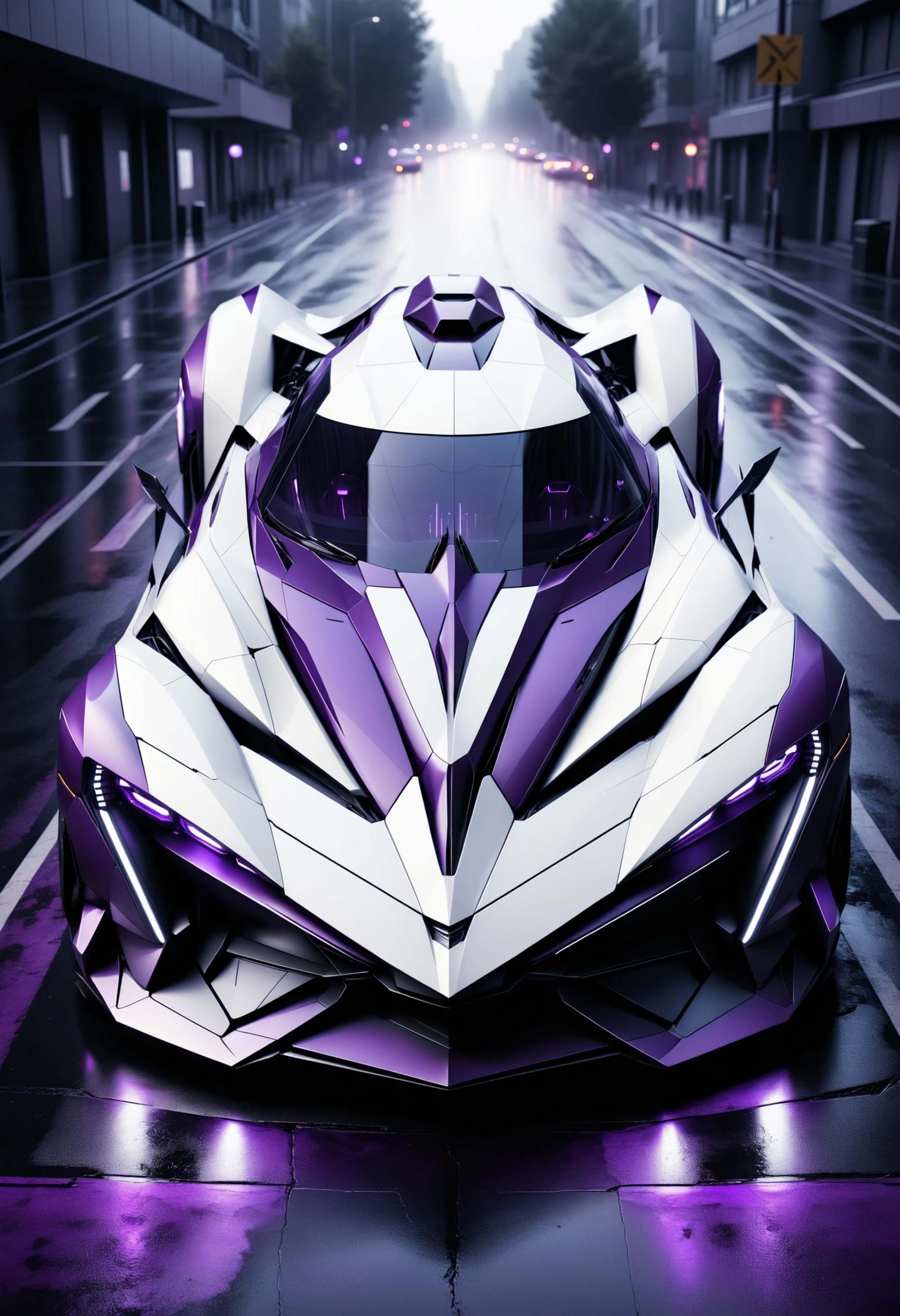 award winning photo of a drone eye view of a purple and white futuristic hypercar,  large glowing headlights,  cinematic s...