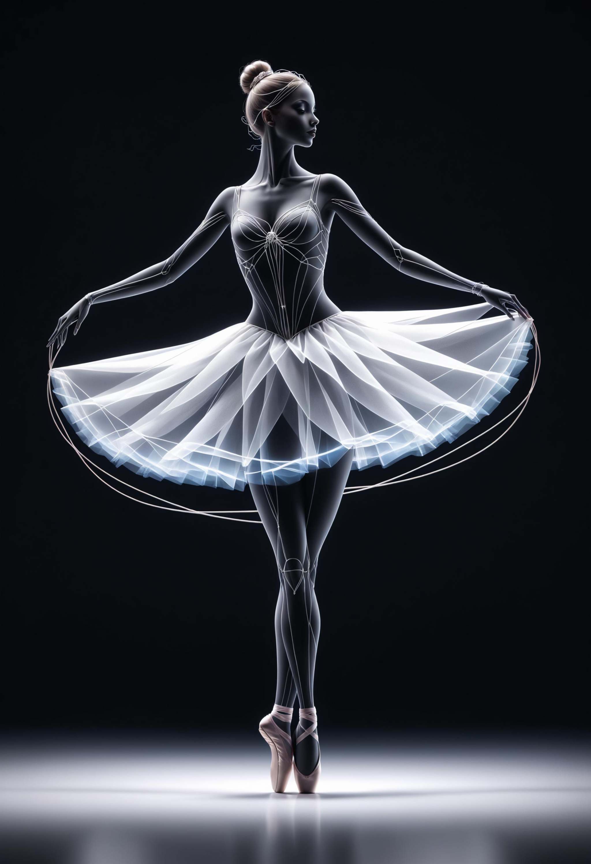 a ballerina made of simple chalk outline of twisted wire,  transparent body,  bokeh on Tensor.Art