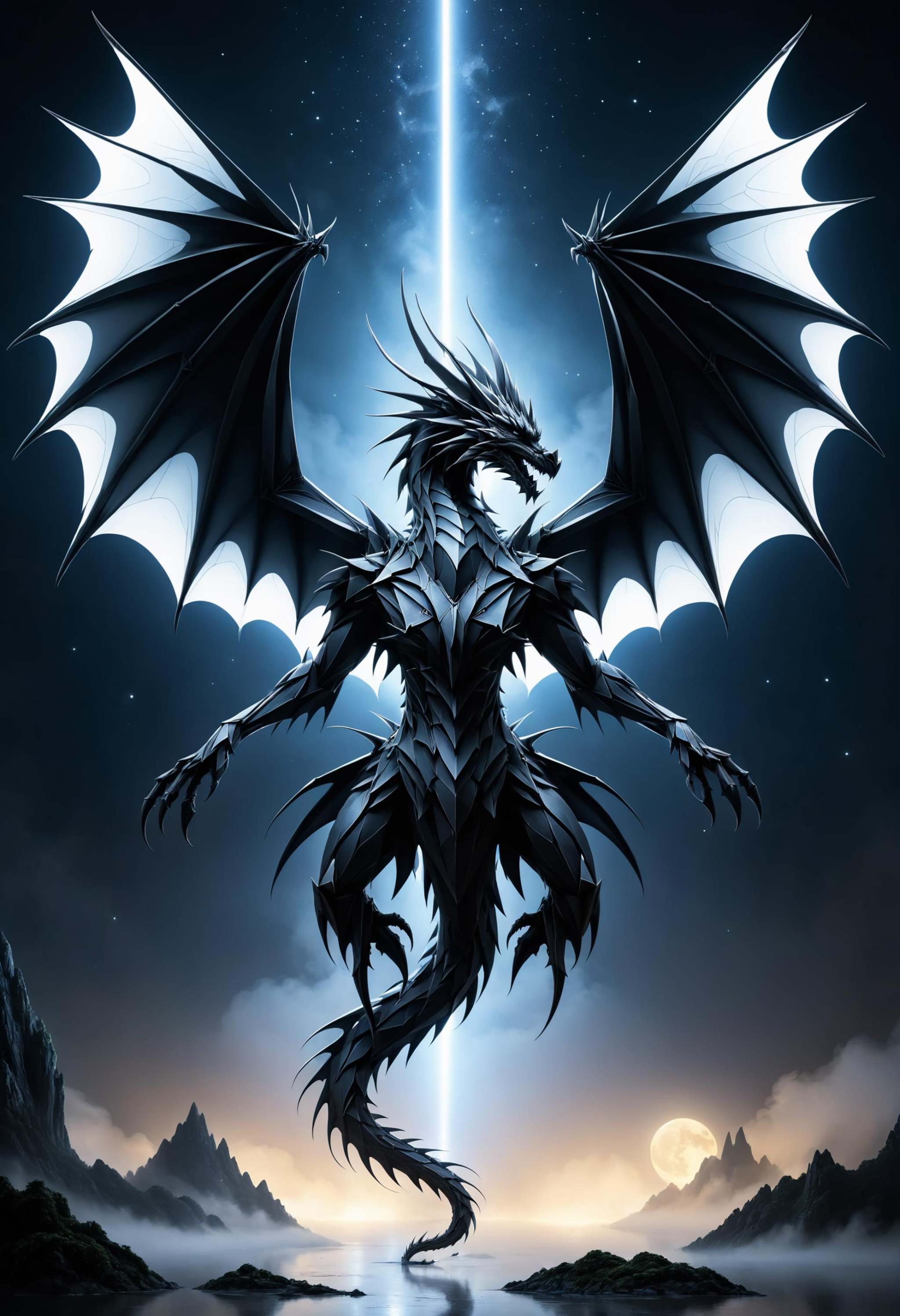 a dragon with spread wings,  at night,  foggy on Tensor.Art