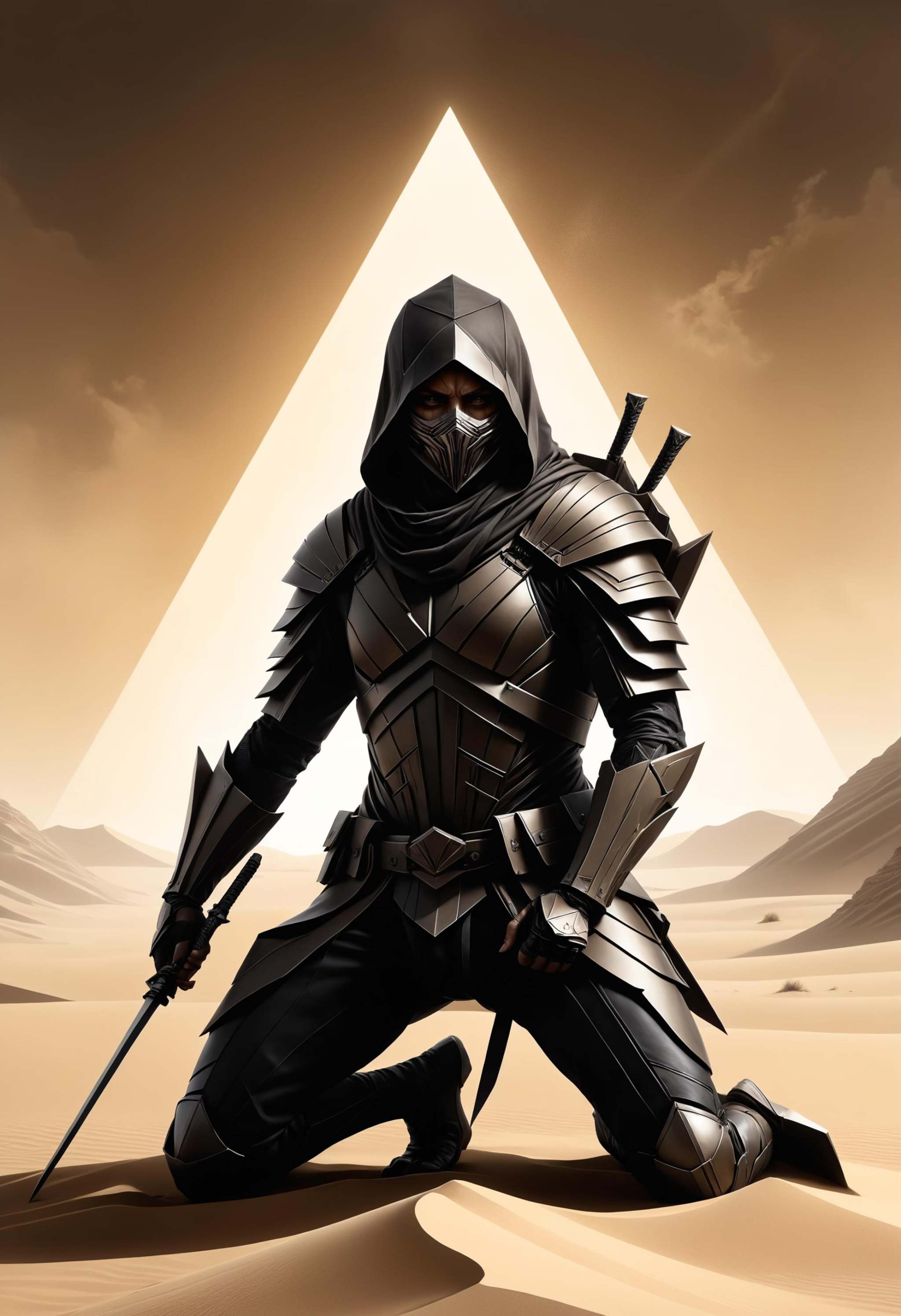 rogue assassin made of shifting sands,  kneeling warrior in the style of Dan Hillier,  holding small dagger on Tensor.Art