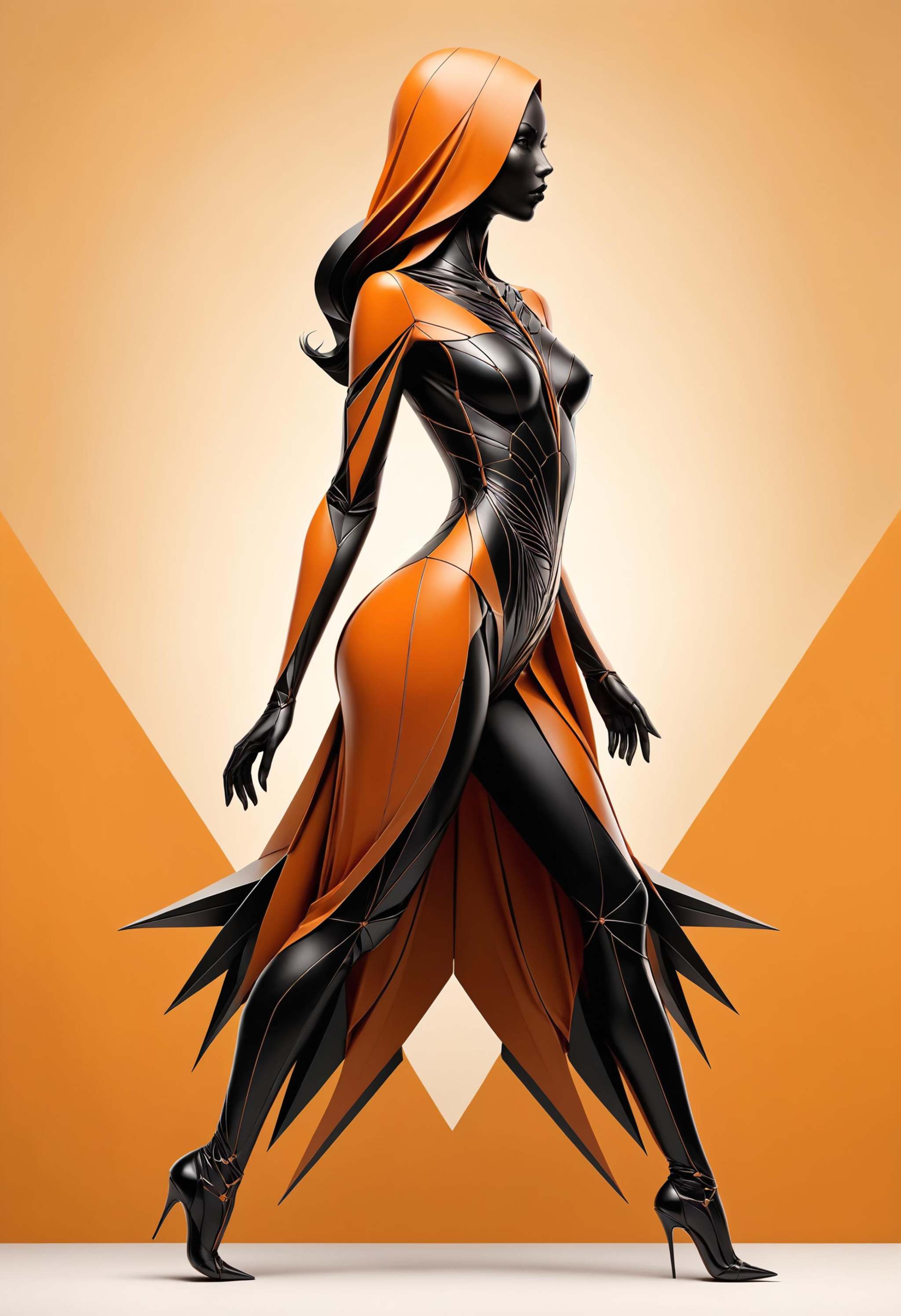 [ nanite geometry,  thorny ladder :concept art of a silhouette outline of a woman,  half computer body and silver filigree...