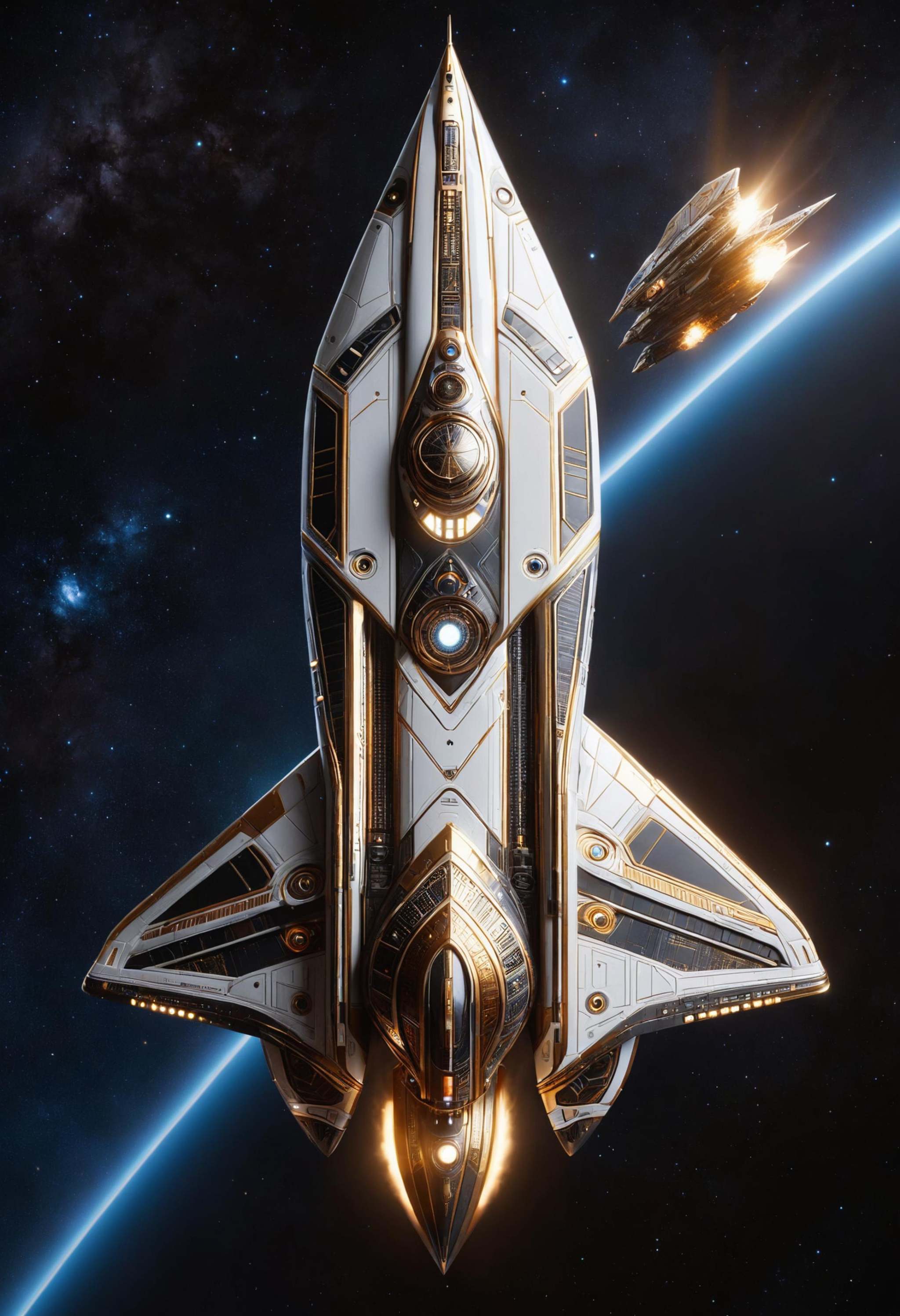 a spaceship made of dvr-frft in the shape of an spear traveling through space,  scifi scene,  ambient occlusion on Tensor.Art